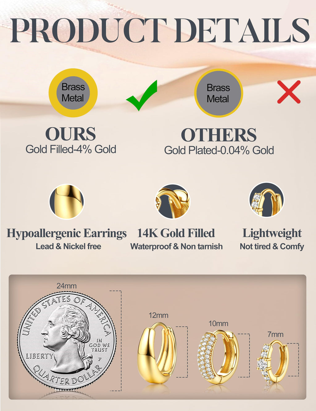 LOLIAS Small Chunky Hoop Earrings for Women, Non-Tarnish, Hypoallergenic, Huggie Silver Earring Stacks Set for Sensitive Ears, Multiple Piercing Jewelry, Lightweight, Classic 14K Gold Plated, 3 Pairs