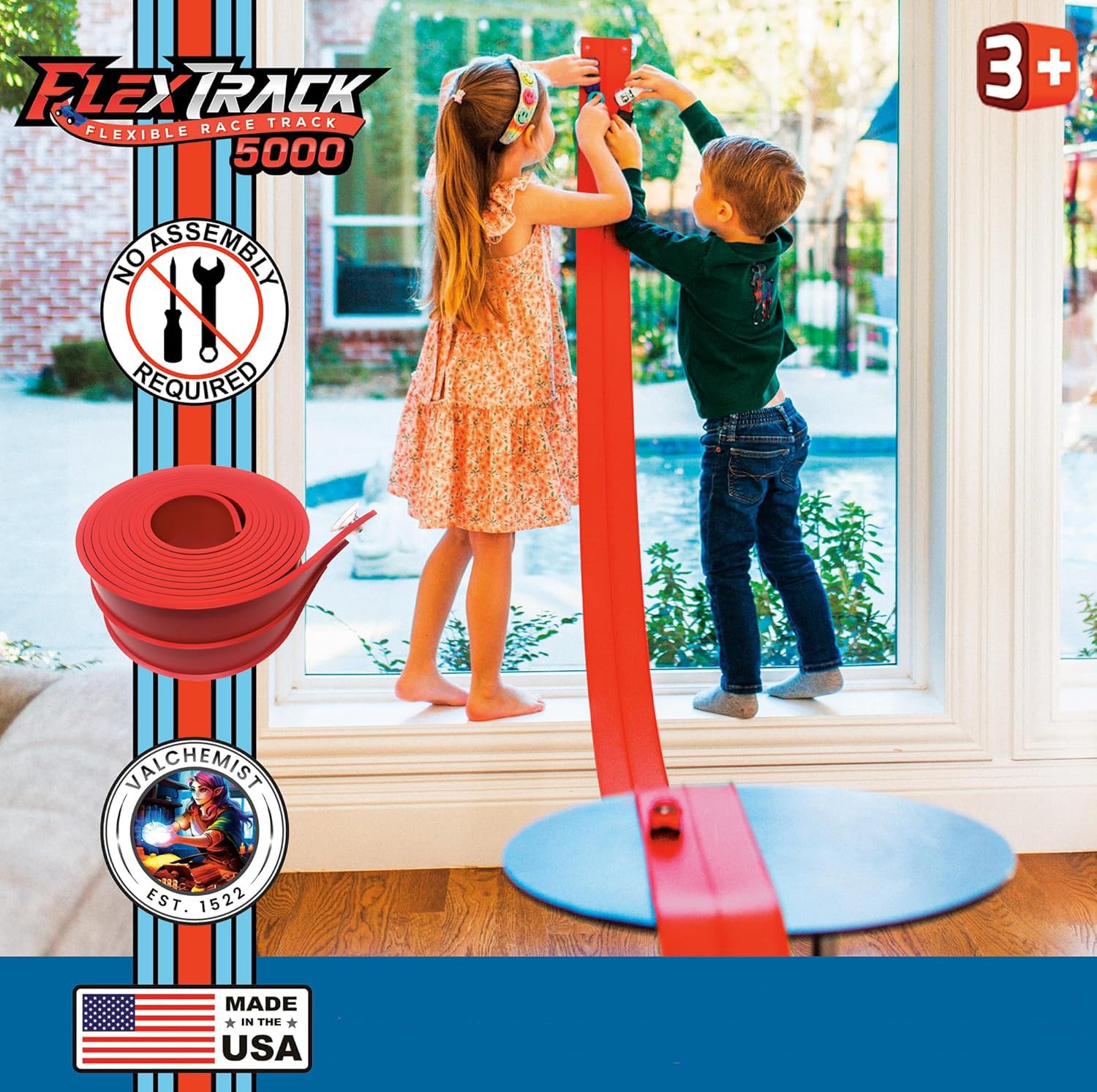 Valchemist FlexTrack 5000 Flexible Race Car Track for Kids Toy with Suction Cups Compatible with Hot Wheels and Diecast 1/64th Cars and More 15 Feet Long Rolls Up Portable Racetrack (Rocket Red)