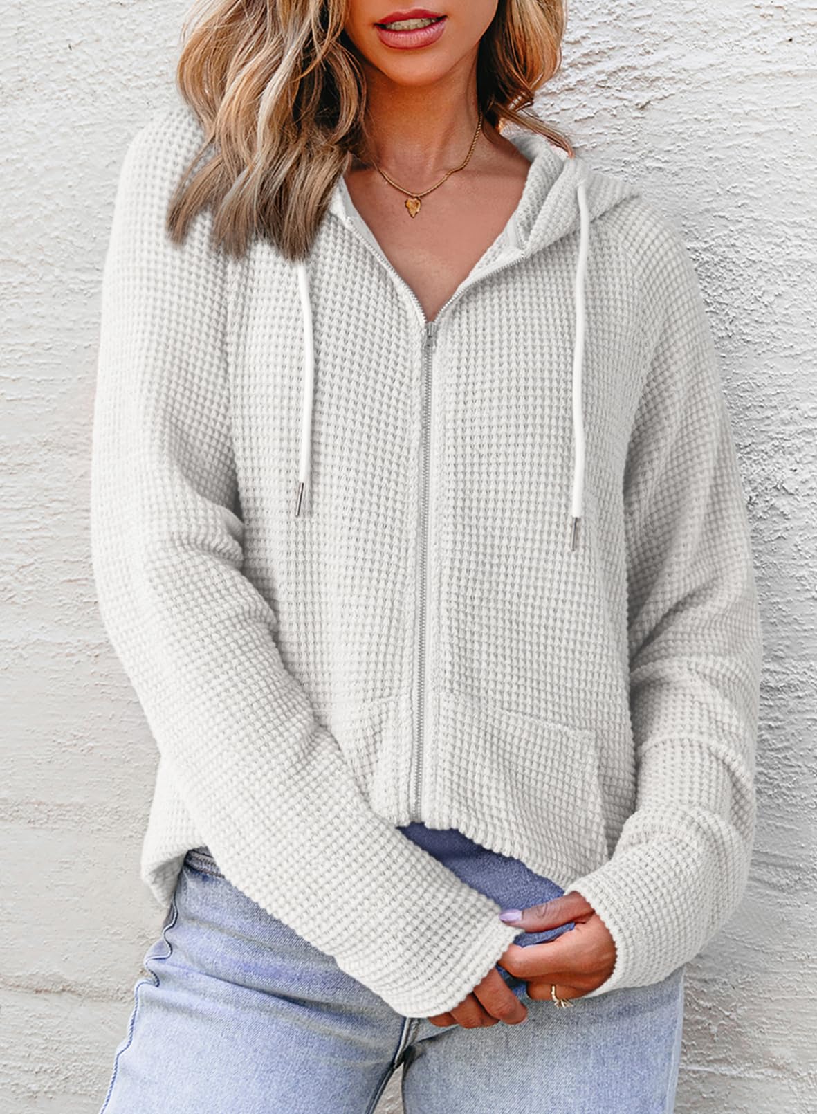 Dokotoo Hoodies for Women Casual Full Zip Up Hoodie Sweatshirt White Early Fall Clothes Solid Color Waffle Knit Long Sleeve Hooded Sweatshirts Pockets Jacket Coat for Women Girls 2026 Fashion Medium
