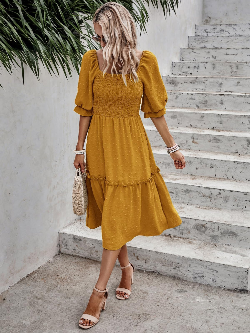 PRETTYGARDEN Women's Summer Casual Midi Dresses 2026 Spring Puff Sleeve Square Neck Smocked A Line Flowy Swiss Dot Beach Vacation Dress (Turmeric,L)