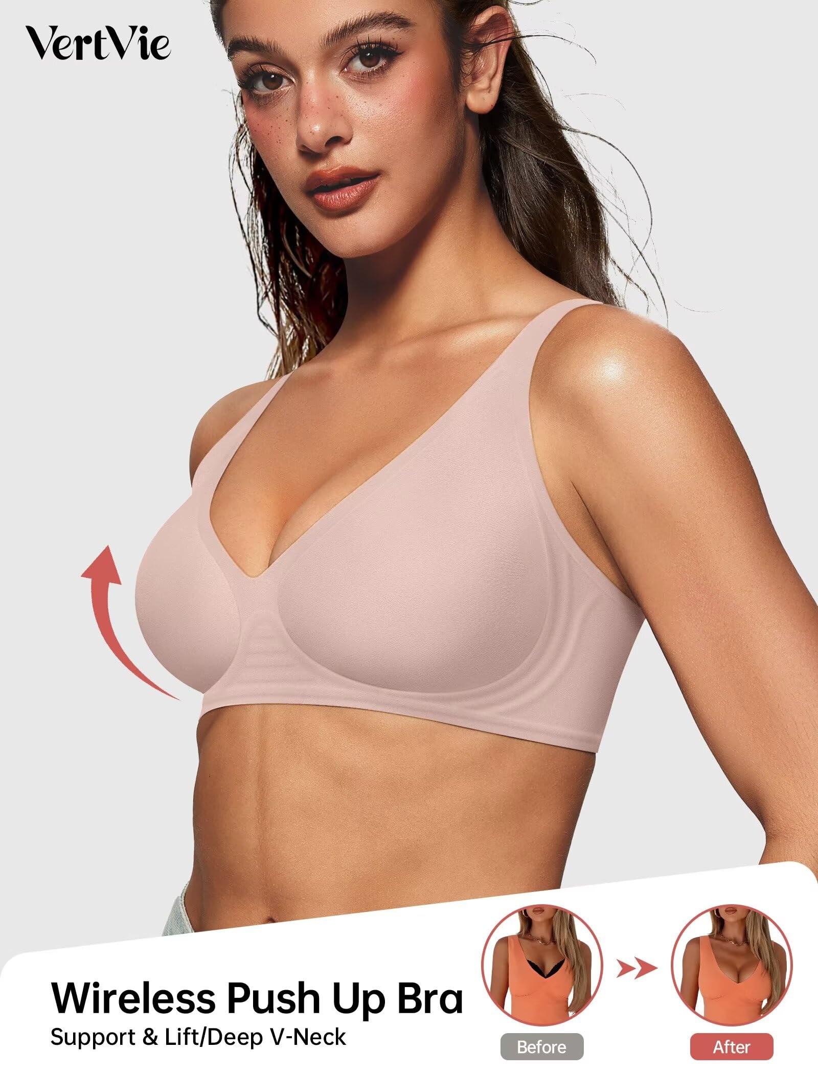 Vertvie Jelly Wireless Bras for Women Push Up Plunge Seamless T-Shirt Bras No Underwire Supportive Full Coverage Bralettes(Skin Color,Large)