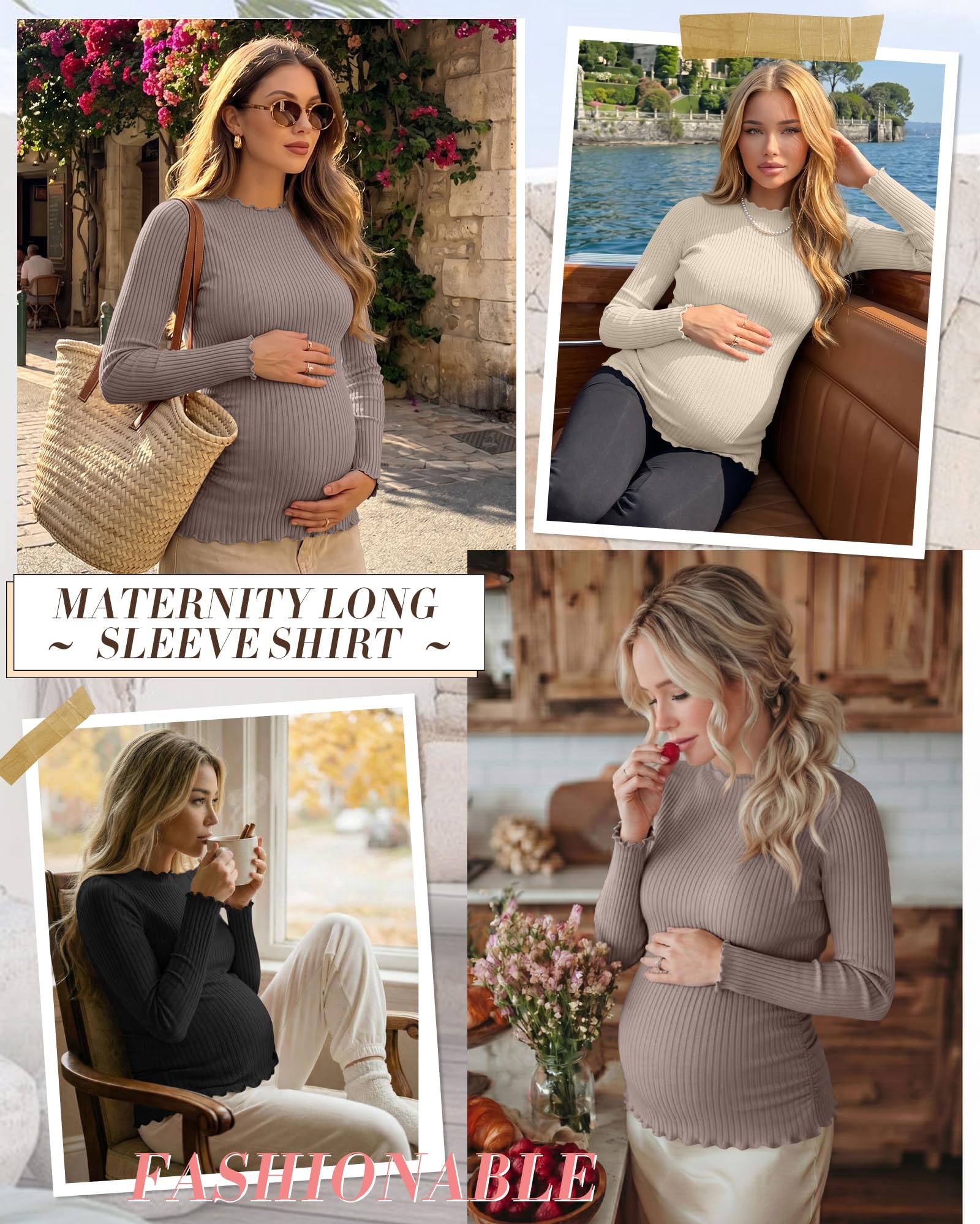 Huukeay 3 Pack Women's Ribbed Maternity Tops, 3-Color, Small