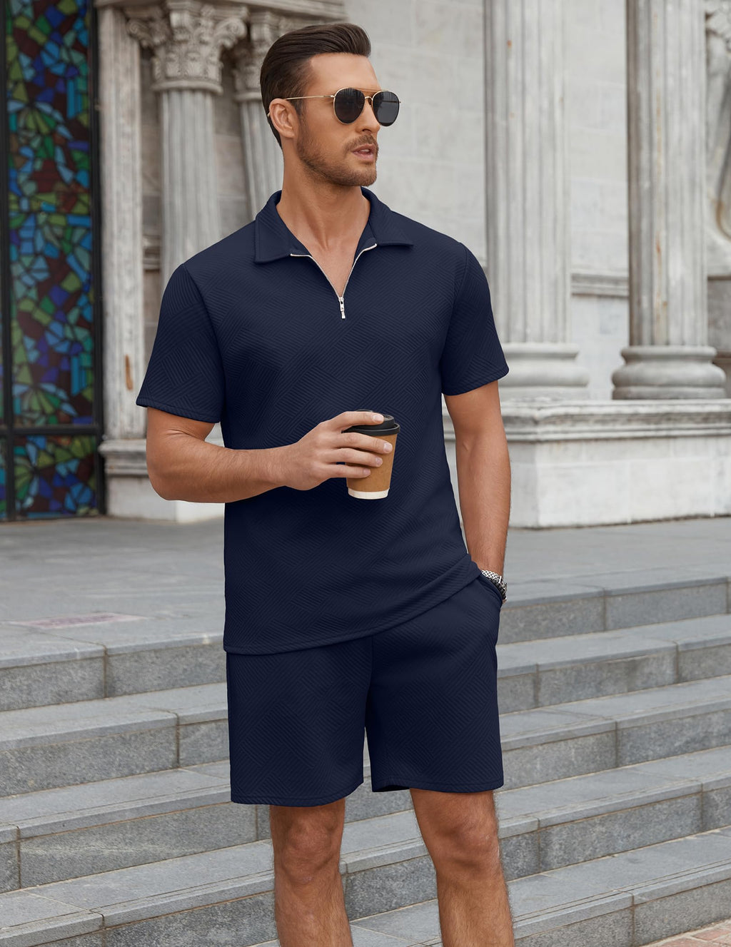 COOFANDY Mens Tracksuit Casual 2 Piece Quarter Zip Polo Shirt and Shorts Set Athletic Jogging Sports Dark Blue