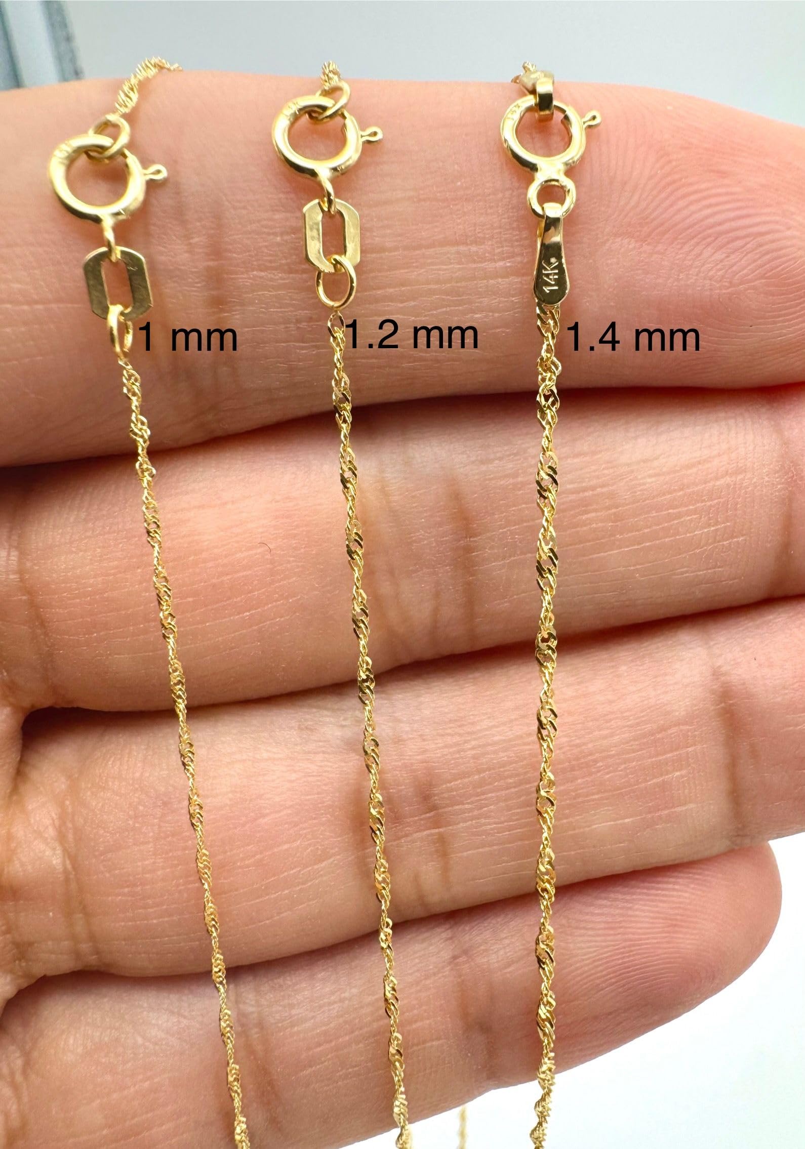 JEWELHEART 14K Solid Gold Singapore Chain - 1mm Diamond Cut Twisted Chain Necklace - Dainty Real Yellow Gold Pendant Necklace For Women 18"