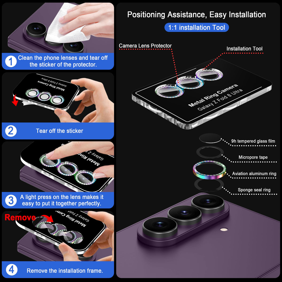 Casetego for Galaxy Z Fold 8 Ultra Camera Lens Protector,9H Hardness,Scratch Resistant,Ultra-thin Tempered Glass,Metal Individual Camera Cover for Samsung Galaxy Z Fold 8 Ultra,Case Friendly,Shiny Colorful