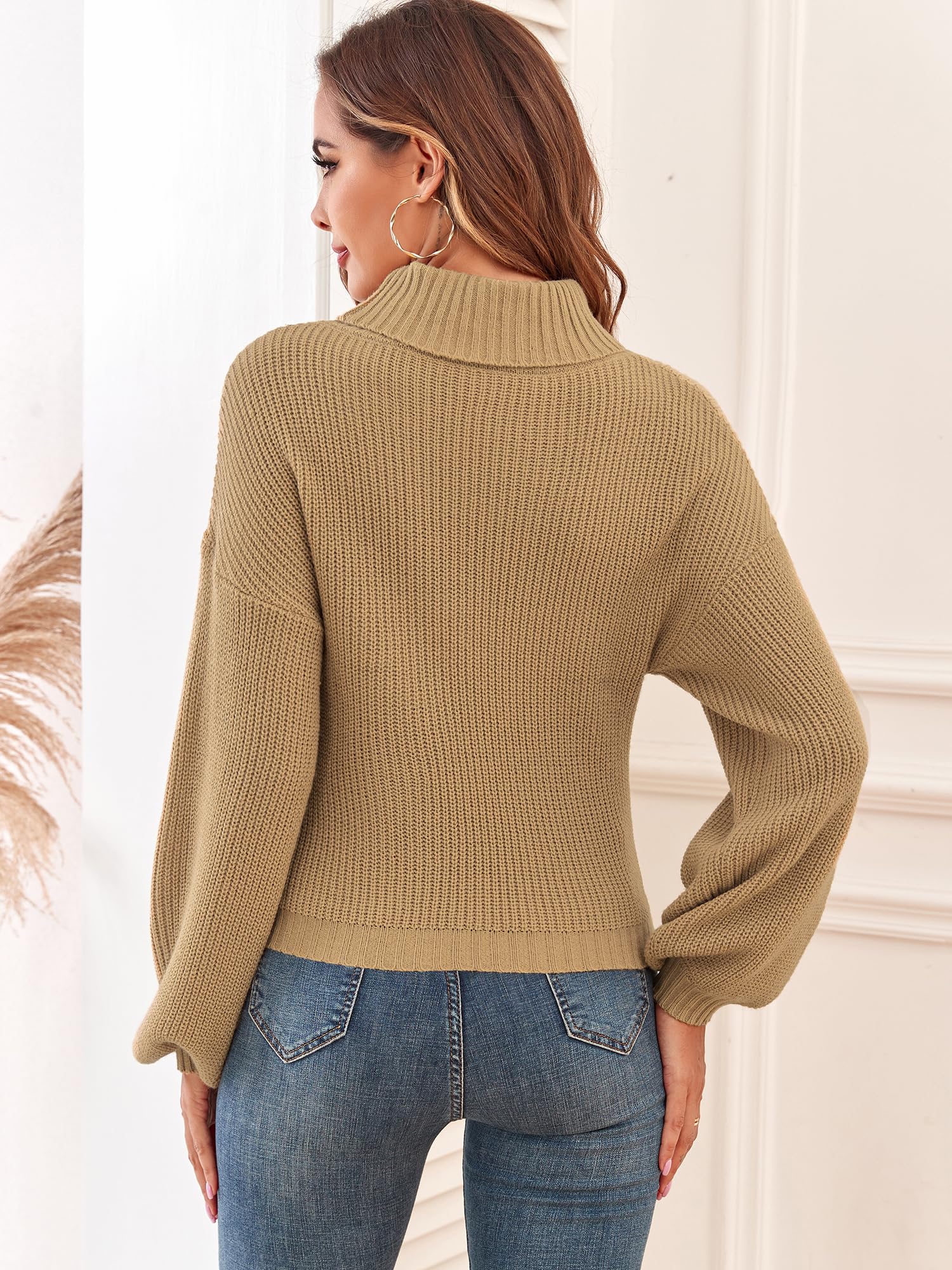 ZAFUL Women's Cropped Turtleneck Sweater Lantern Sleeve Ribbed Knit Pullover Sweater Jumper (2-Tan, M)