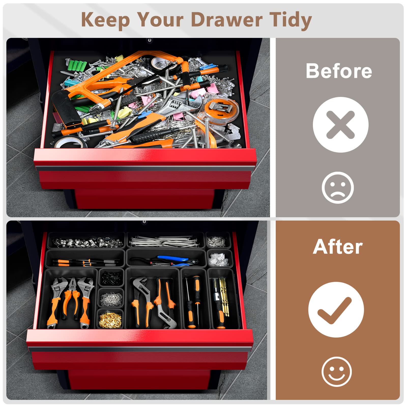 A-LUGEI【𝟰𝟲𝗣𝗖𝗦 & 5 Size】Tool Box Organizer Tray Divider Set, 【Black】 Desk Drawer Organizer, Garage Organization and Storage Toolbox Accessories Rolling Tool Chest Cart Cabinet WorkBench Small Part