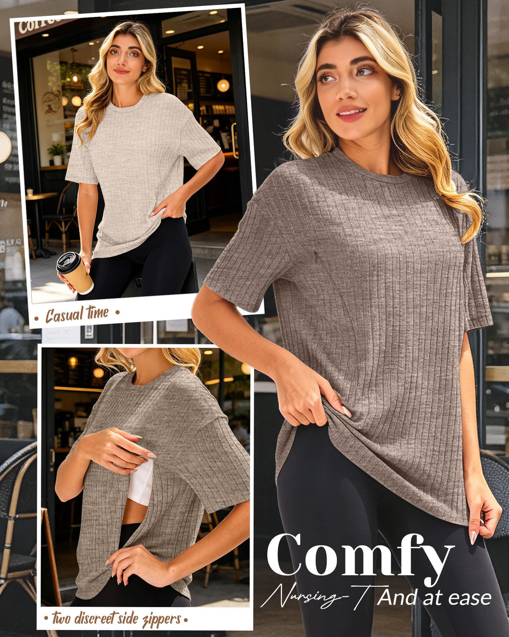 Huukeay 4 Pack Women's Nursing Shirts for Breastfeeding Oversized Short Sleeve with Hidden Zipper Maternity Ribbed Sweaters(XX-Large,Cream, Khaki, Light Coffee, Black)