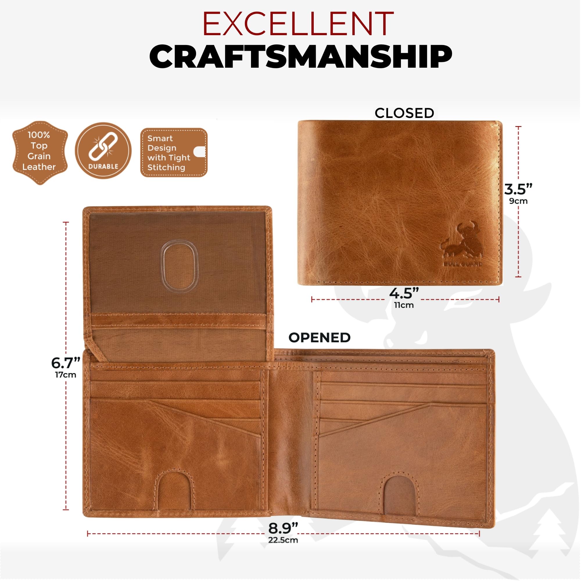 Mens Leather Wallet Bifold with ID Window and RFID Blocking Secure and Durable Extra Capacity Billfold with 11 Credit Cards In Wild Buck Tan
