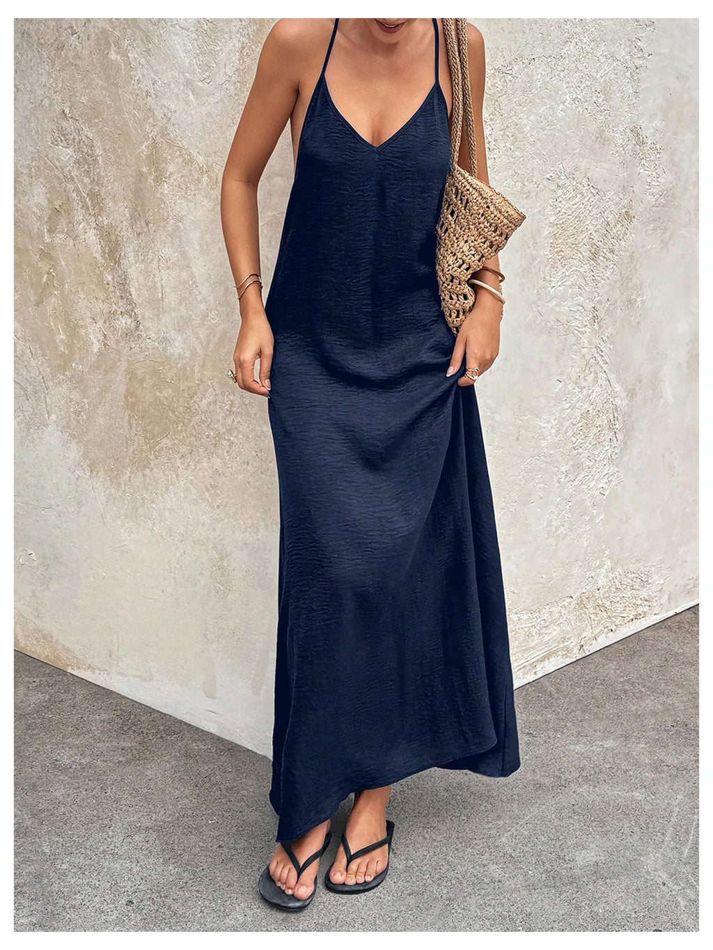 Verdusa Women's Backless Cami Dresses Linen Maxi Dress Sundress Open Back Vacation Beach Summer Outfits Dark Blue Small