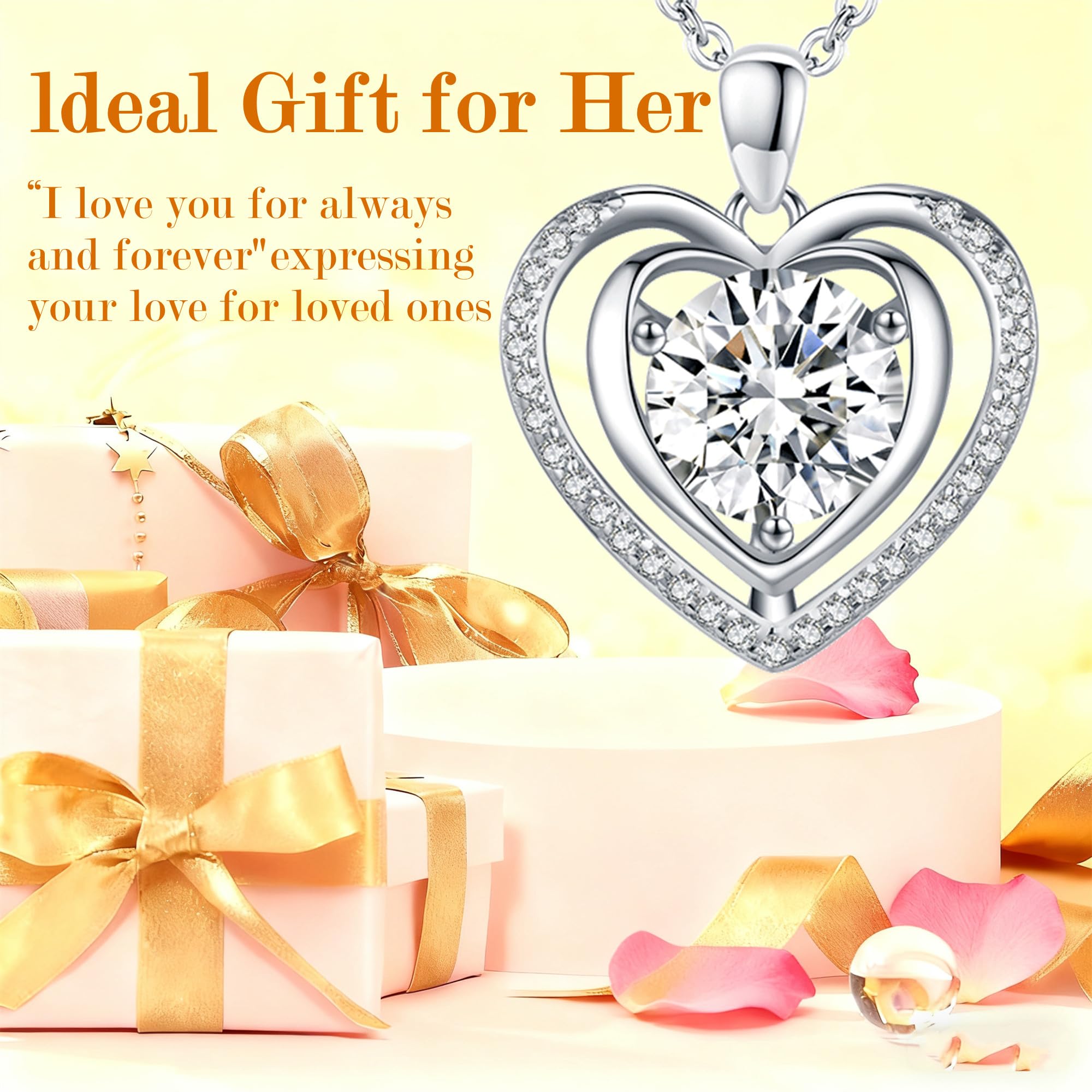 Heart Pendant Necklace for Women Gift for Wife Moissanite 1-3Carats Silver Pendant Jewelry Wedding Anniversary Birthday Valentines Gift for Her Engagements Christmas Mothers Day for Mom Daughter Girlfriend