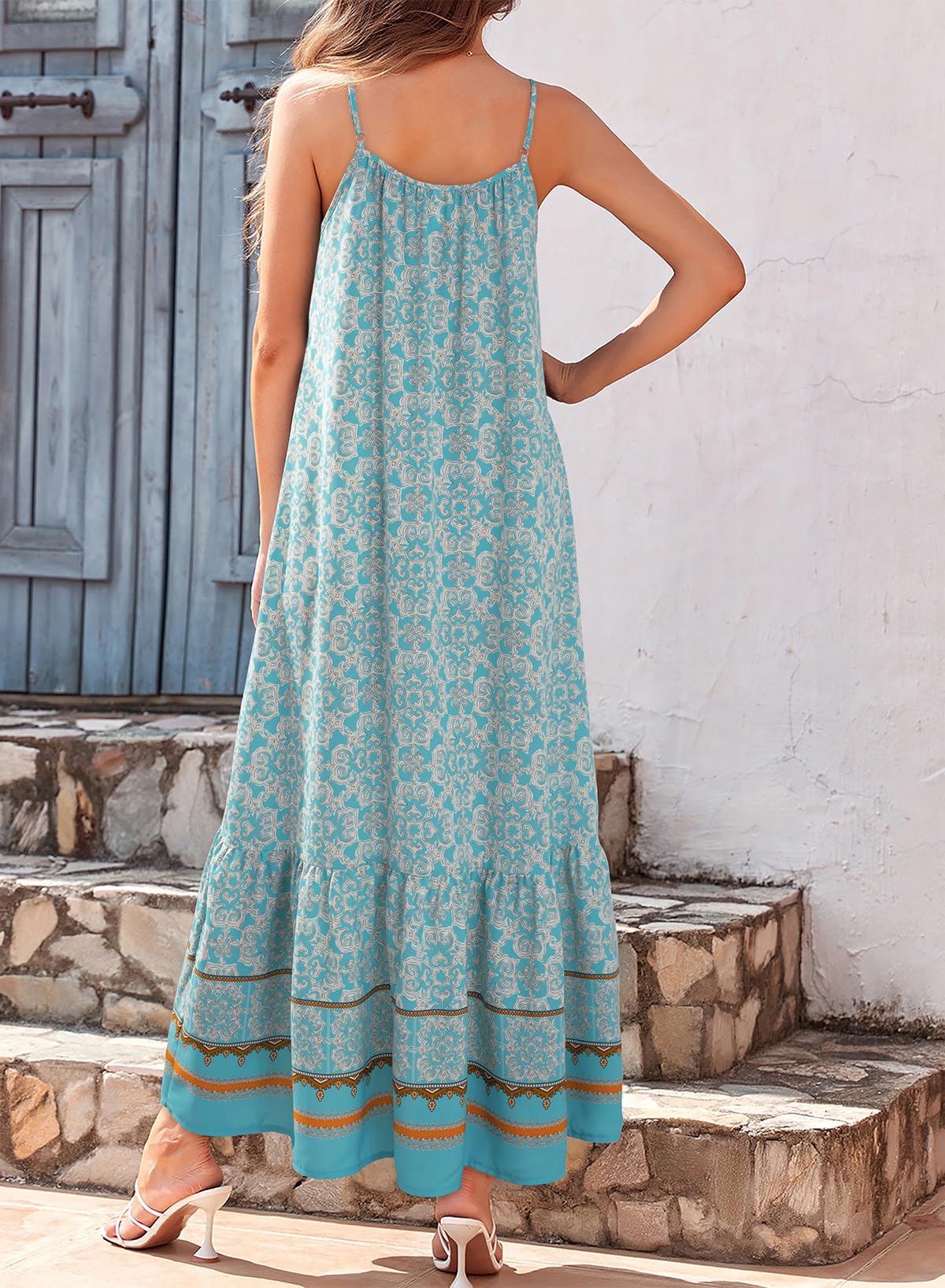 Dokotoo Summer Maxi Dress for Women U Neck Floral Boho Dress Sleeveless Spaghetti Strap Sun Dress Ruffle A Line Casual Dresses for Outgoing Beach Vacation Essentials Large Sky Blue