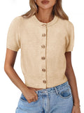 PRETTYGARDEN Womens Casual Summer Short Sleeve Cardigans 2026 Button Down Knitted Sweater Basic Crew Neck Crop Tops (Beige,Small)