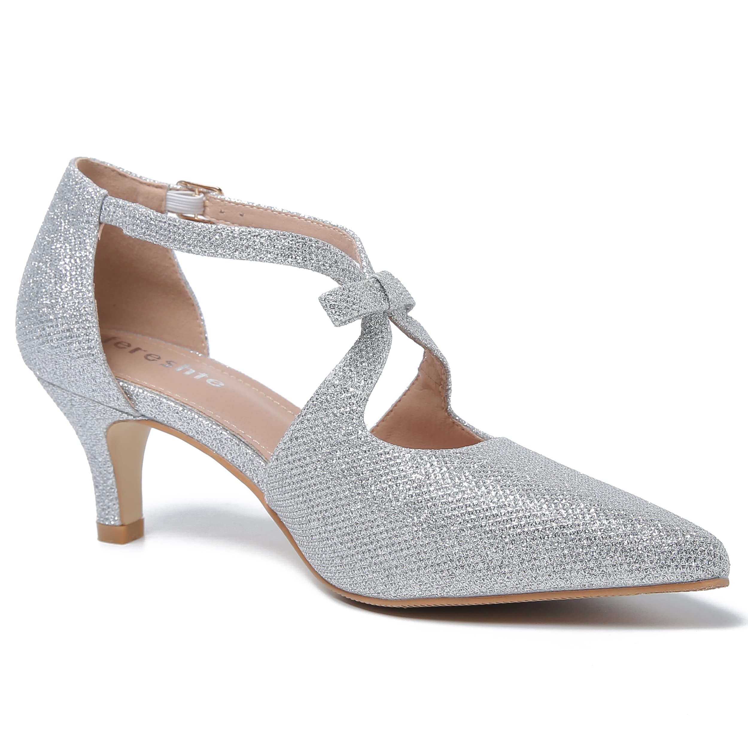 fereshte Women's Kitten Heels T Strap 2 Inch Low Heel Bow Pointed Toe D'Orsay Dressy Pumps Sparkly Silver 36 - US 5.5