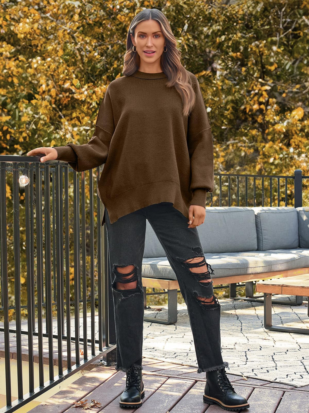LILLUSORY Oversized Sweaters for Women 2025 Fall Fashion Outfits Trendy Crewneck Knit Cute Lightweight Sweater Pullover Tops Long Sleeve Shirts Winter Clothes LightCoffee S