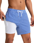 maamgic Mens Swim Trunks with Compression Liner 5 Inch, Quick Dry Bathing Suit with Zipper Pockets, Stretch No-Chafing Swim Shorts, Blue White Stripe Large