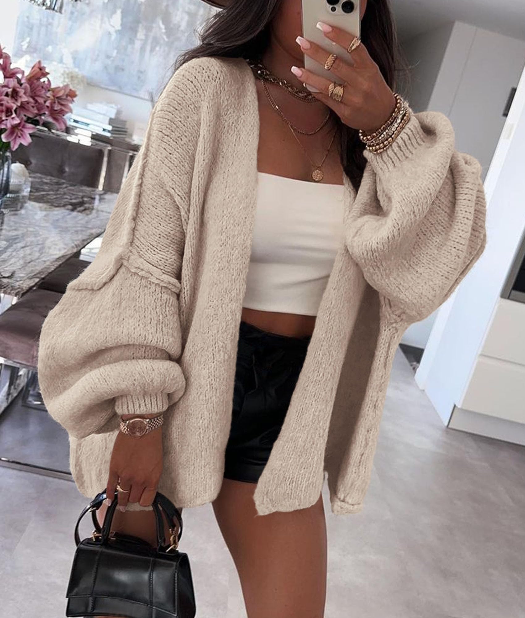 PRETTYGARDEN Womens Oversized Cardigan Sweaters 2025 Fall Long Lantern Sleeve Knit Open Front Lightweight Sweater (Grey Beige,Small)