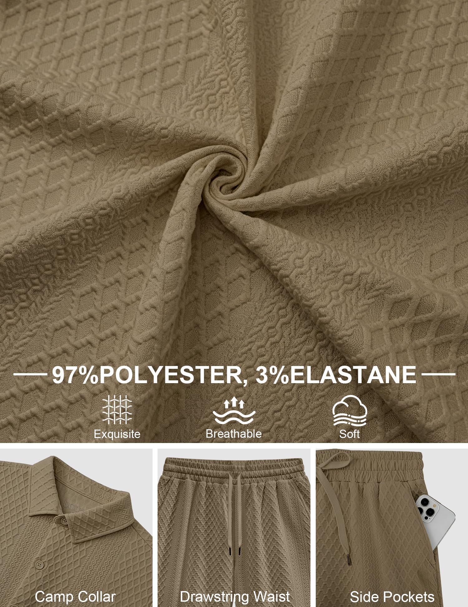 UOUA Mens Summer Outfits Waffle Knit 2 Piece Short Sets Casual Button Down Shirt & Shorts Khaki （M-3XL）