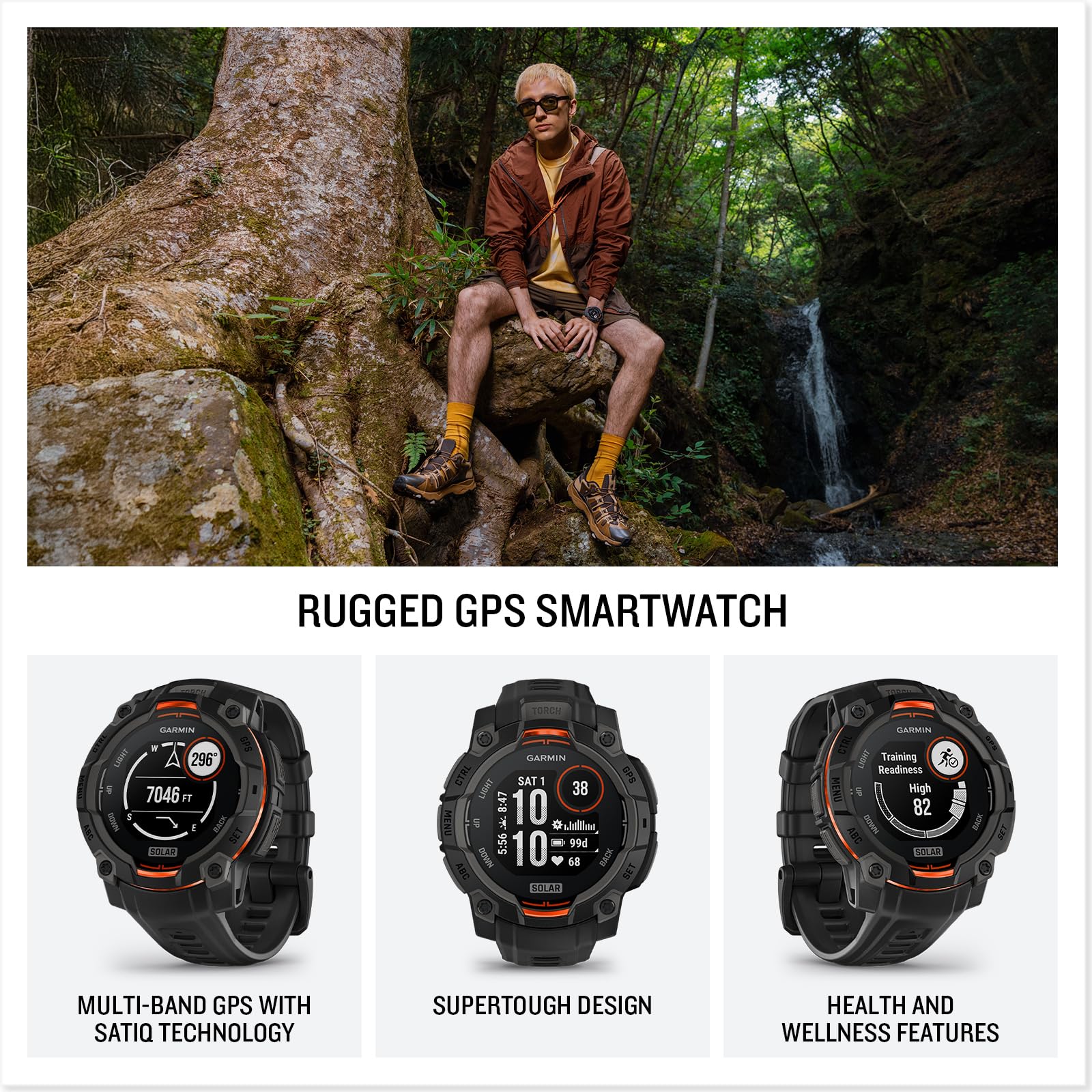 Garmin Instinct® 3 45mm, Solar Charged Display, Rugged Outdoor GPS Smartwatch, Metal-Reinforced Bezel, Built-in Flashlight, Black