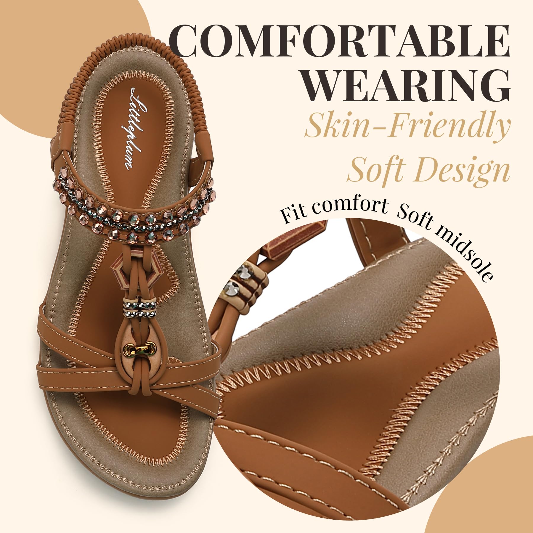 Littleplum Womens Sandals Arch Support Slingback Rhinestone Dressy Sandals Comfort Summer Shoes Ankle Strap Elastic Flats for Beach Walking Stylish Brown Size 8.5