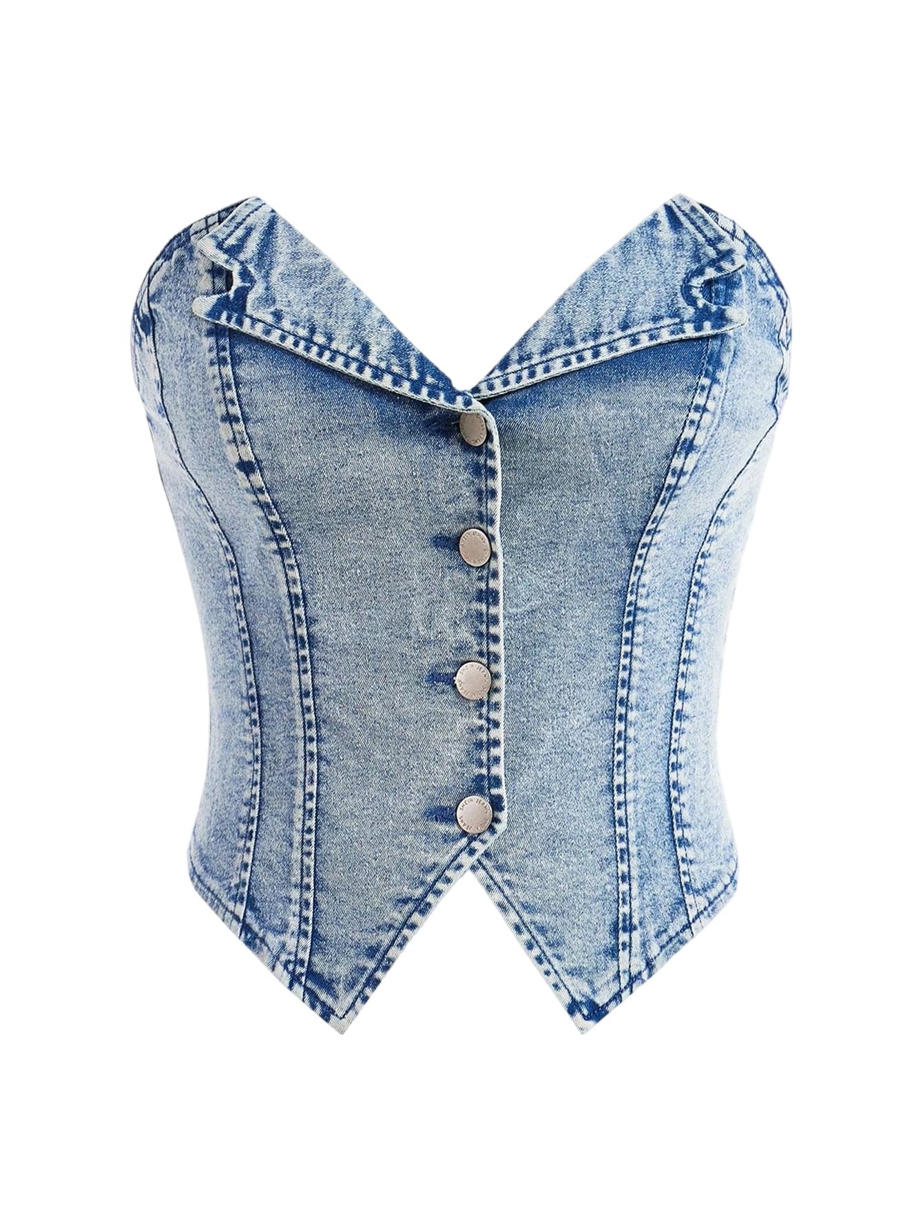 WDIRARA Women's Button Down Denim Tube Tops Y2k Asymmetrical Crop Top Sleeveless Strapless Bandeau Blue Large