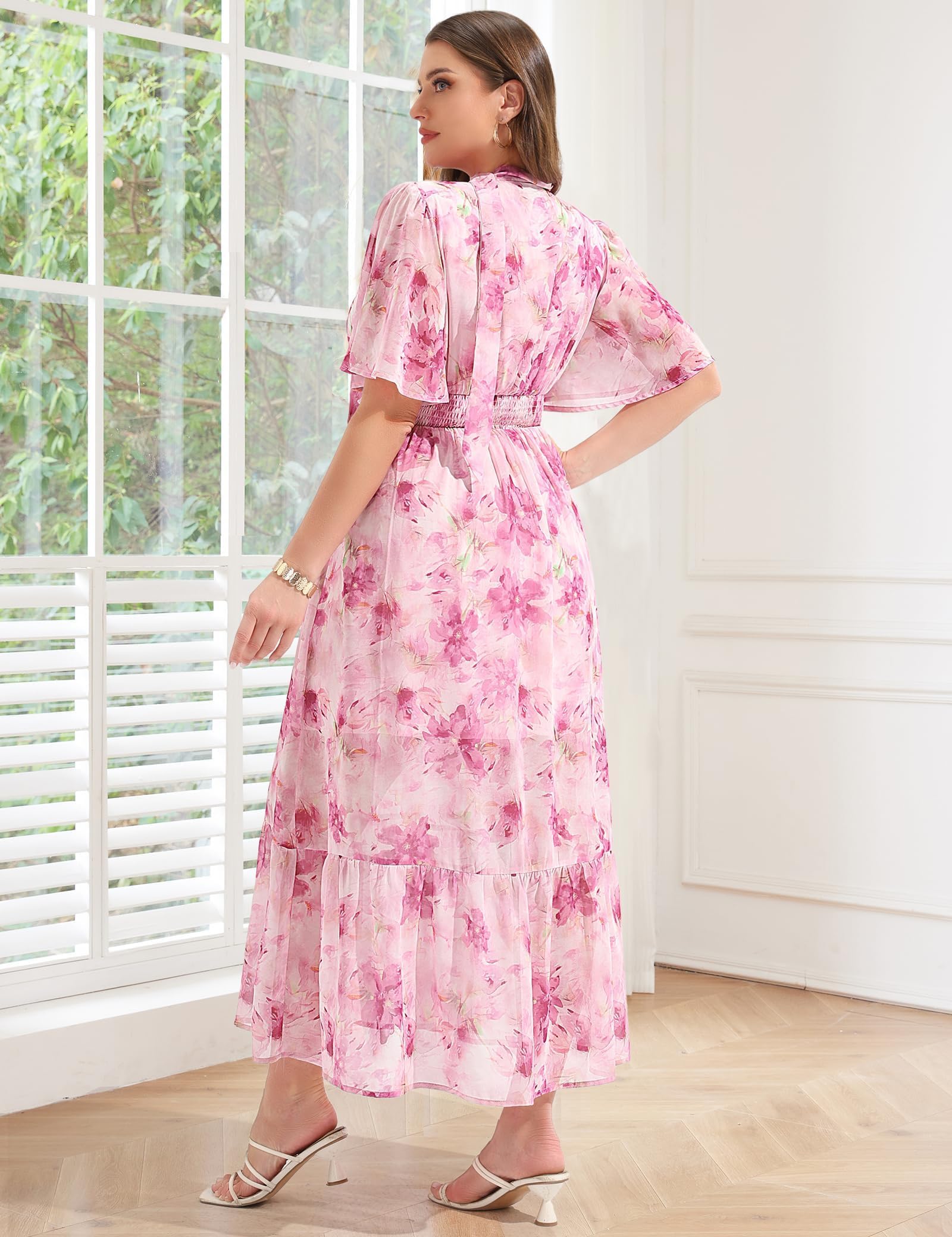 EYWOL Plus Size Wedding Guest Dress - Chiffon Floral Maxi Dress with Flutter Sleeves, Tea Party Dresses for Woman, V Neck High Waist Summer Dresses Pink