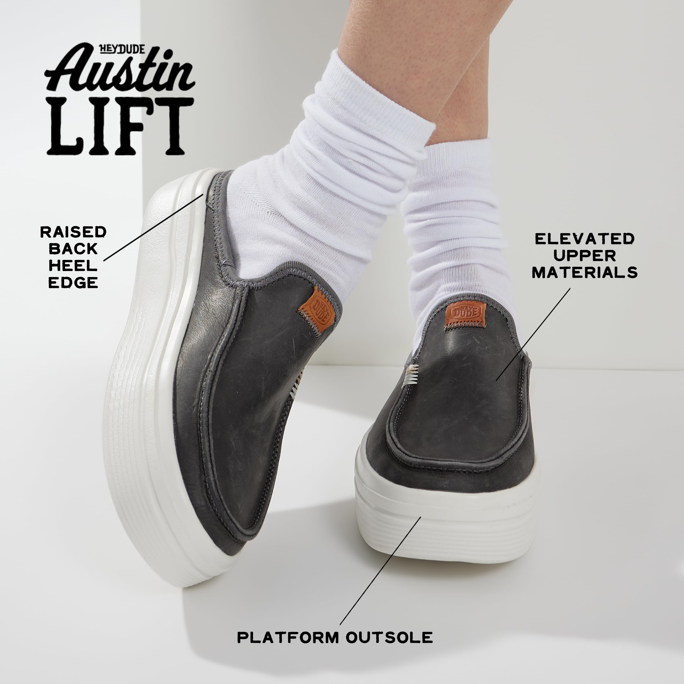 HEYDUDE Austin Lift Leather Black Size 6 | Women's Shoes | Women Slip-on Loafers | Comfortable & Light-Weight