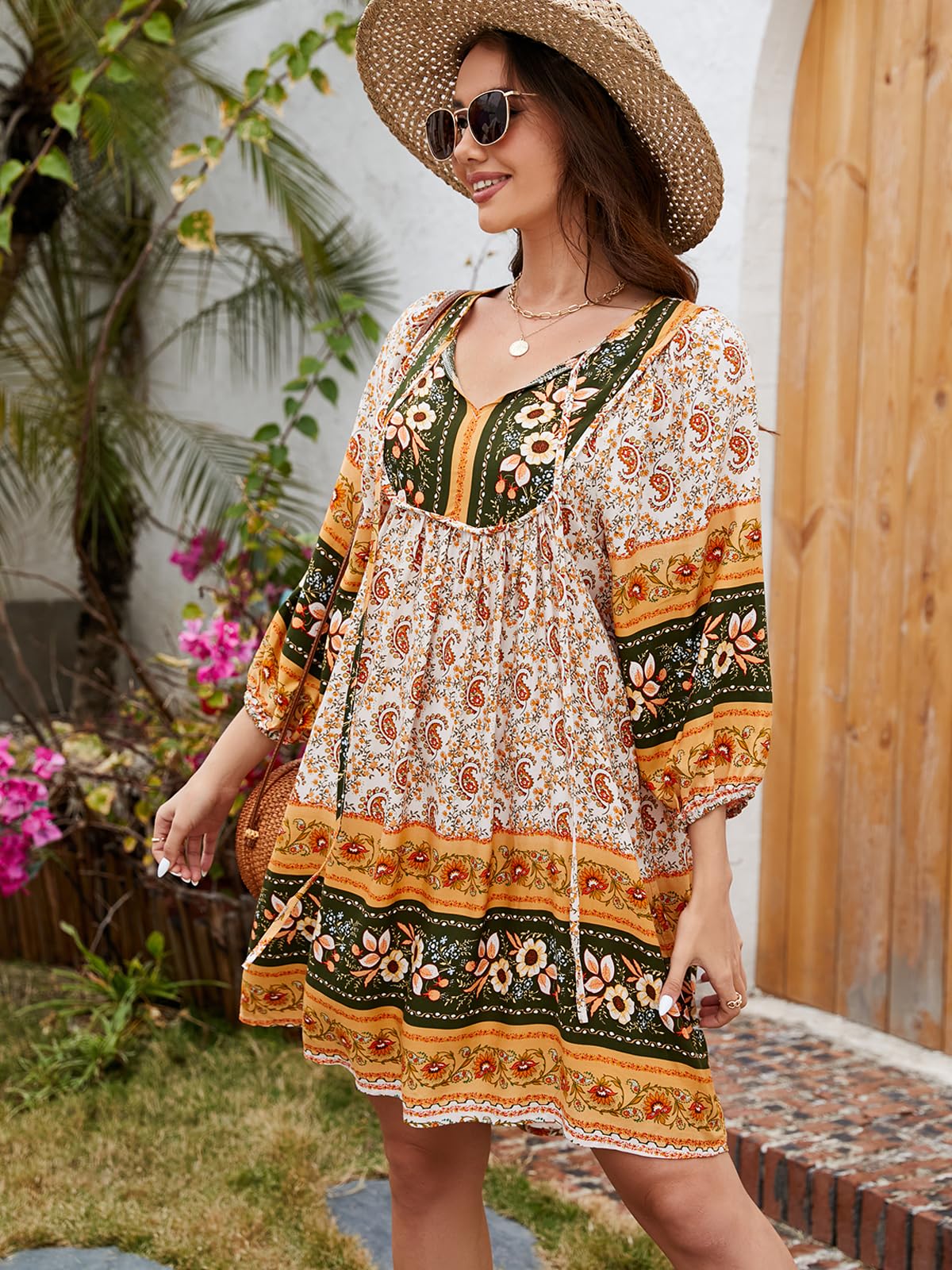 Qearal Casual Beach Dresses for Women 3/4 Sleeve Boho Floral Print Mini Dress Loose Fitting Dress Yellow XL
