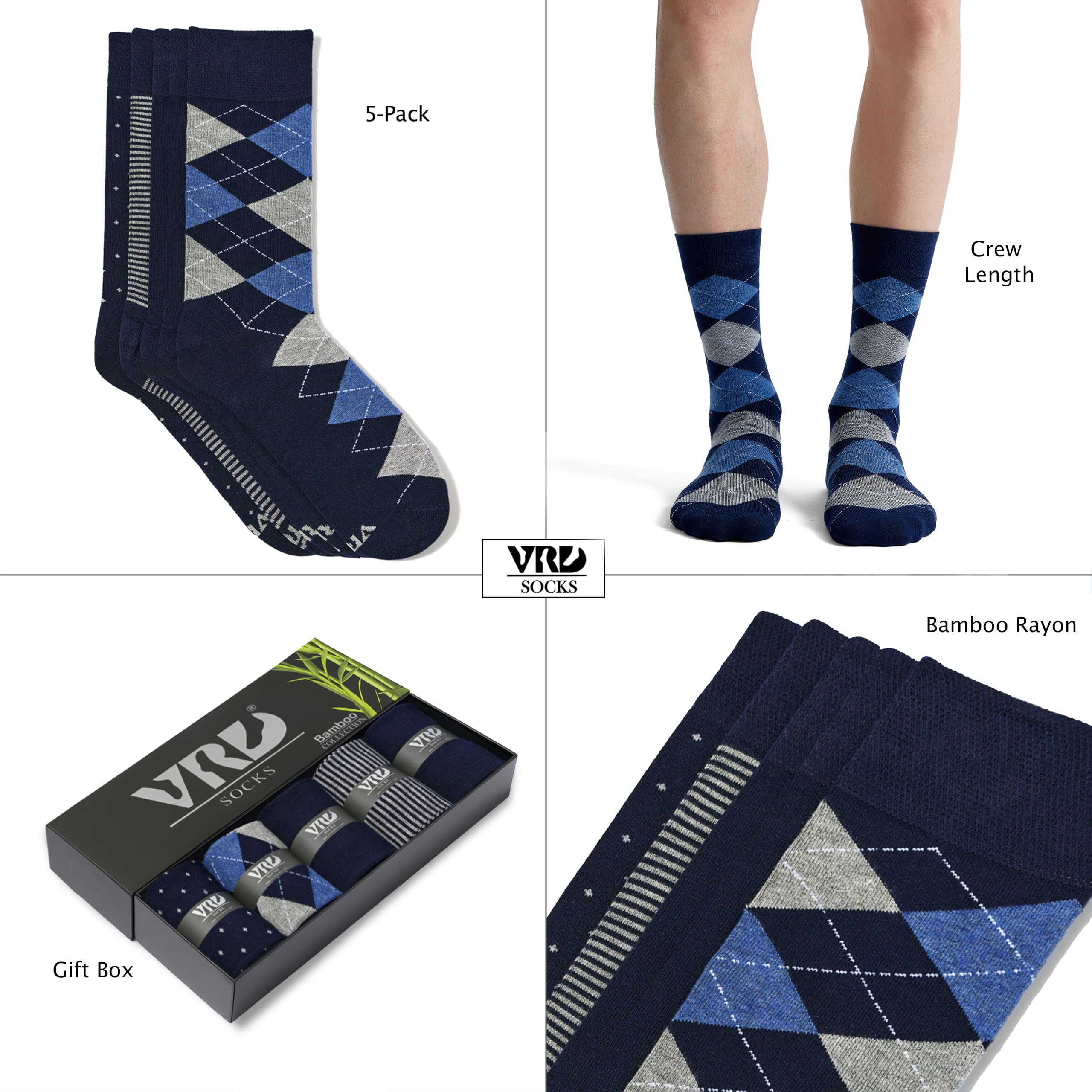 VRD Men’s Dress Socks Bamboo Rayon 5-Pack Crew Socks Assorted Pattern Fits Shoe Size 8-13 Gift Box