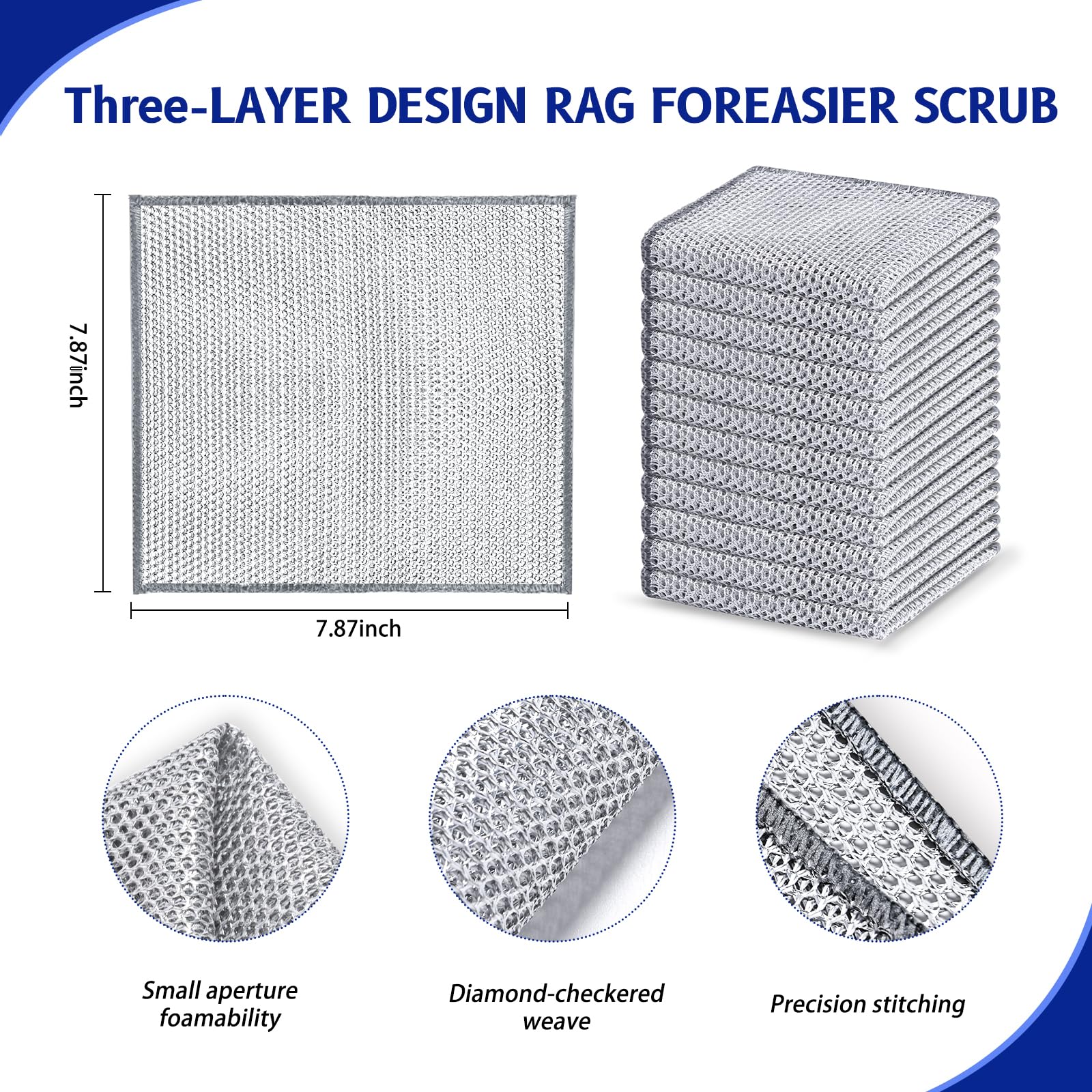 Wangjinpeng12 Pcs New Upgrade 3-Layer Metal Dish Cloths, Non-Scratch Odor-Free Multipurpose Wire Dishwashing Rags for Wet Dry Use, Kitchen Cleaning Cloths for Dishes, Sinks & Stove Tops(7.87X7.87)