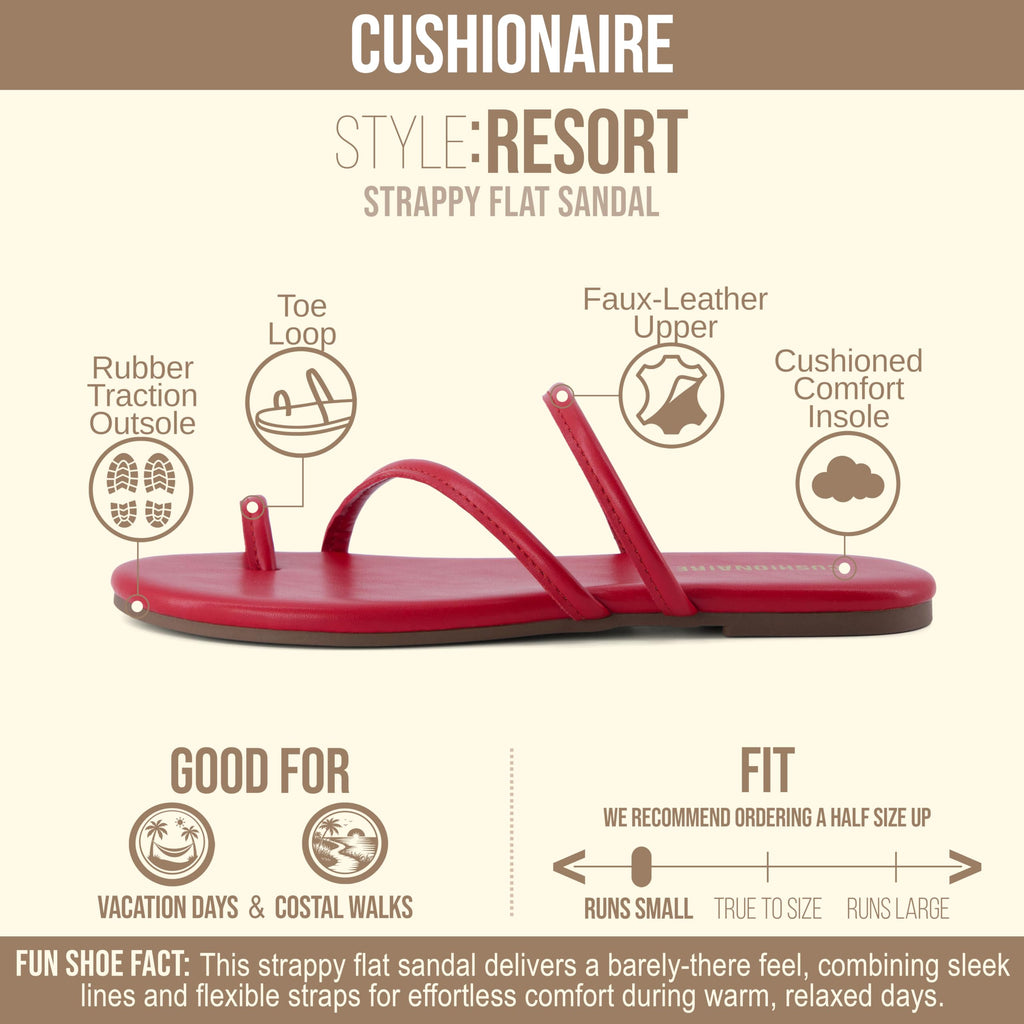 CUSHIONAIRE Resort Strappy Sandals for Women, Vegan Leather Memory Foam Flat Women's Sandals with Toe Ring, RED 11