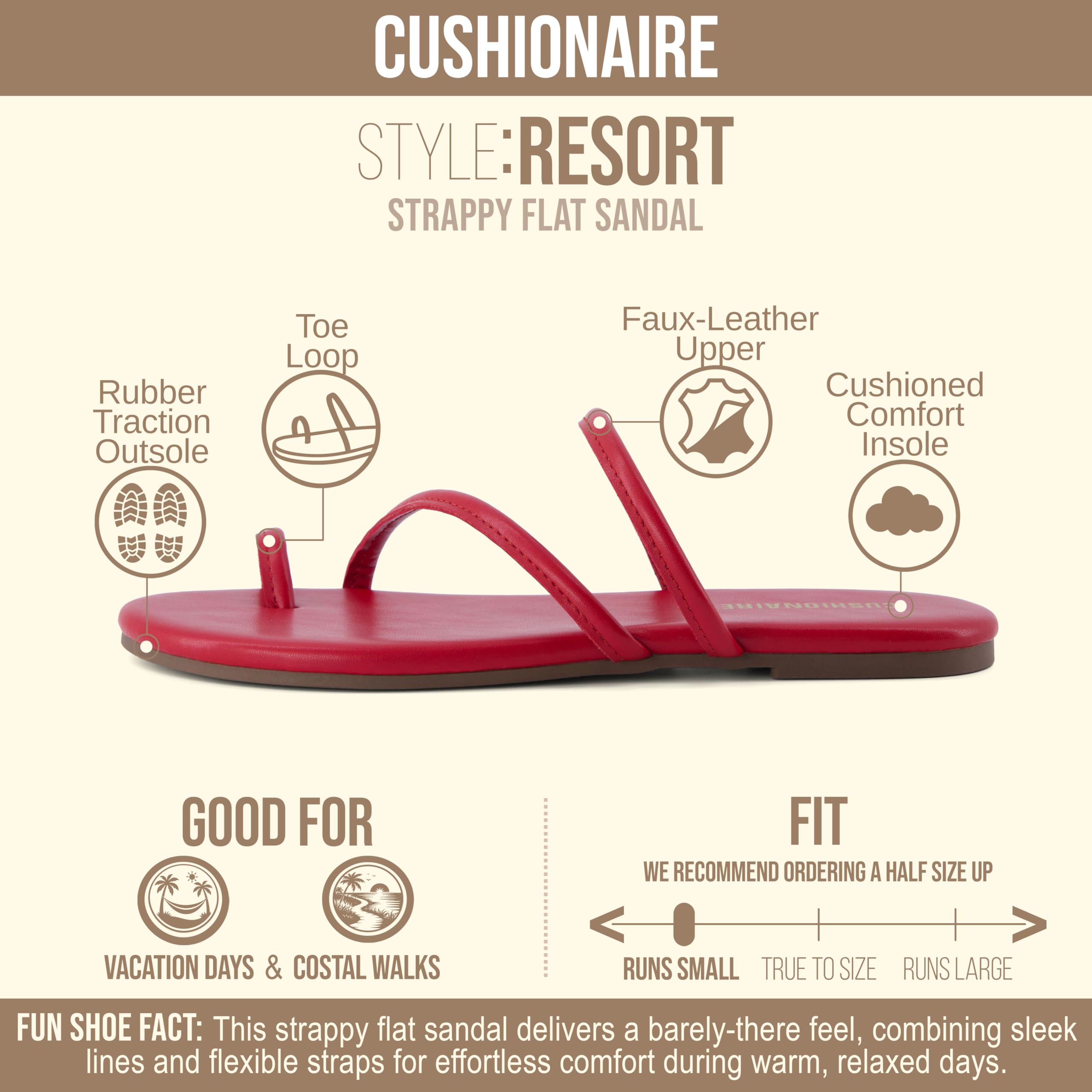 CUSHIONAIRE Resort Strappy Sandals for Women, Vegan Leather Memory Foam Flat Women's Sandals with Toe Ring, RED 11