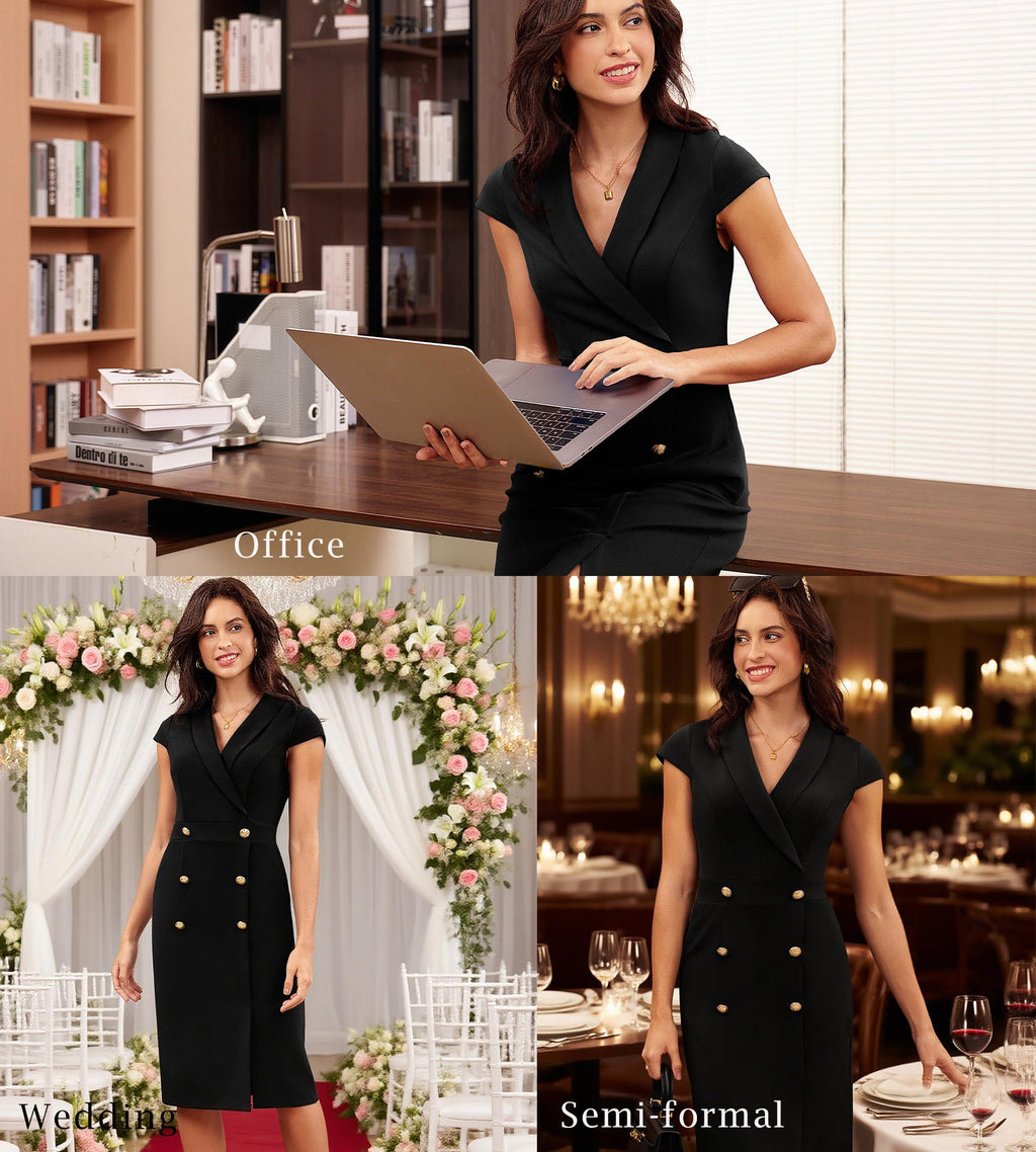 GRACE KARIN Women Work Bodycon Dresses 2025,Business Office Midi Cap Sleeve Button Pencil Formal Outfits with Pockets Black 8