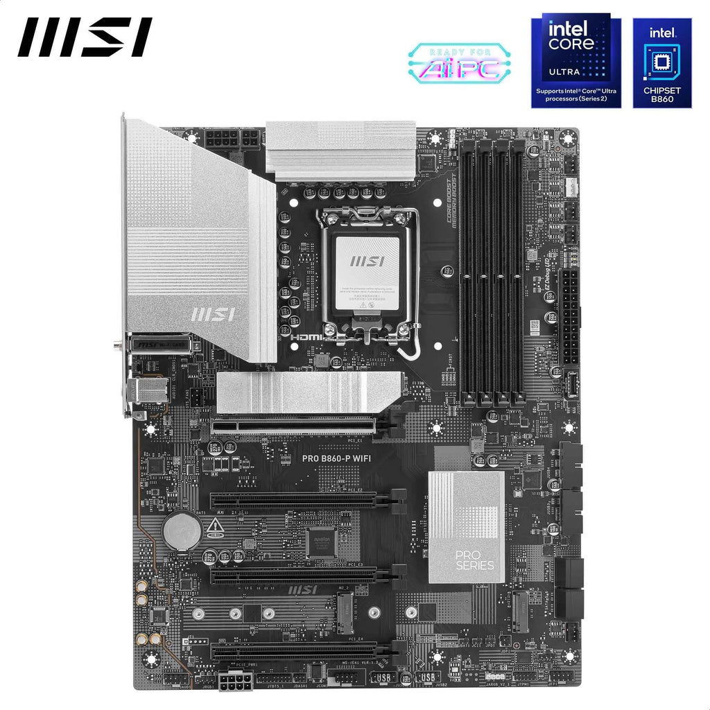 MSI PRO B860-P WiFi Motherboard, ATX - Supports Intel Core Ultra Processors (Series 2), LGA 1851-12 DRPS, DDR5 Memory Boost (8600+ MT/s OC), PCIe 5.0 x16 & 4.0 x16, M.2 Gen5, Wi-Fi 7, 5G LAN