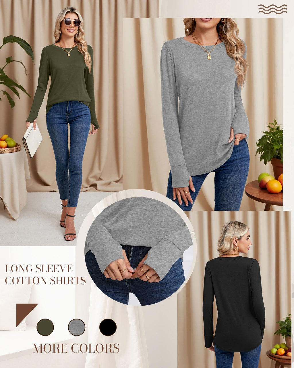 Huukeay 3 Pack Womens Long Sleeve Cotton Shirts, 3-Color, Medium