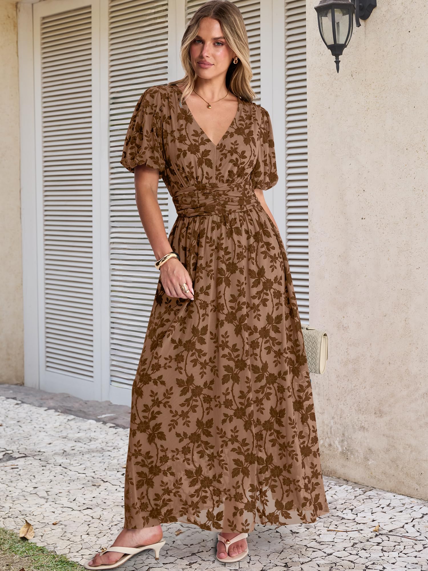 ANRABESS Women’s Floral Maxi Formal Dress Summer Mesh Short Sleeve V Neck Empire Waist Wedding Guest Party Dresses Coffee X-Large