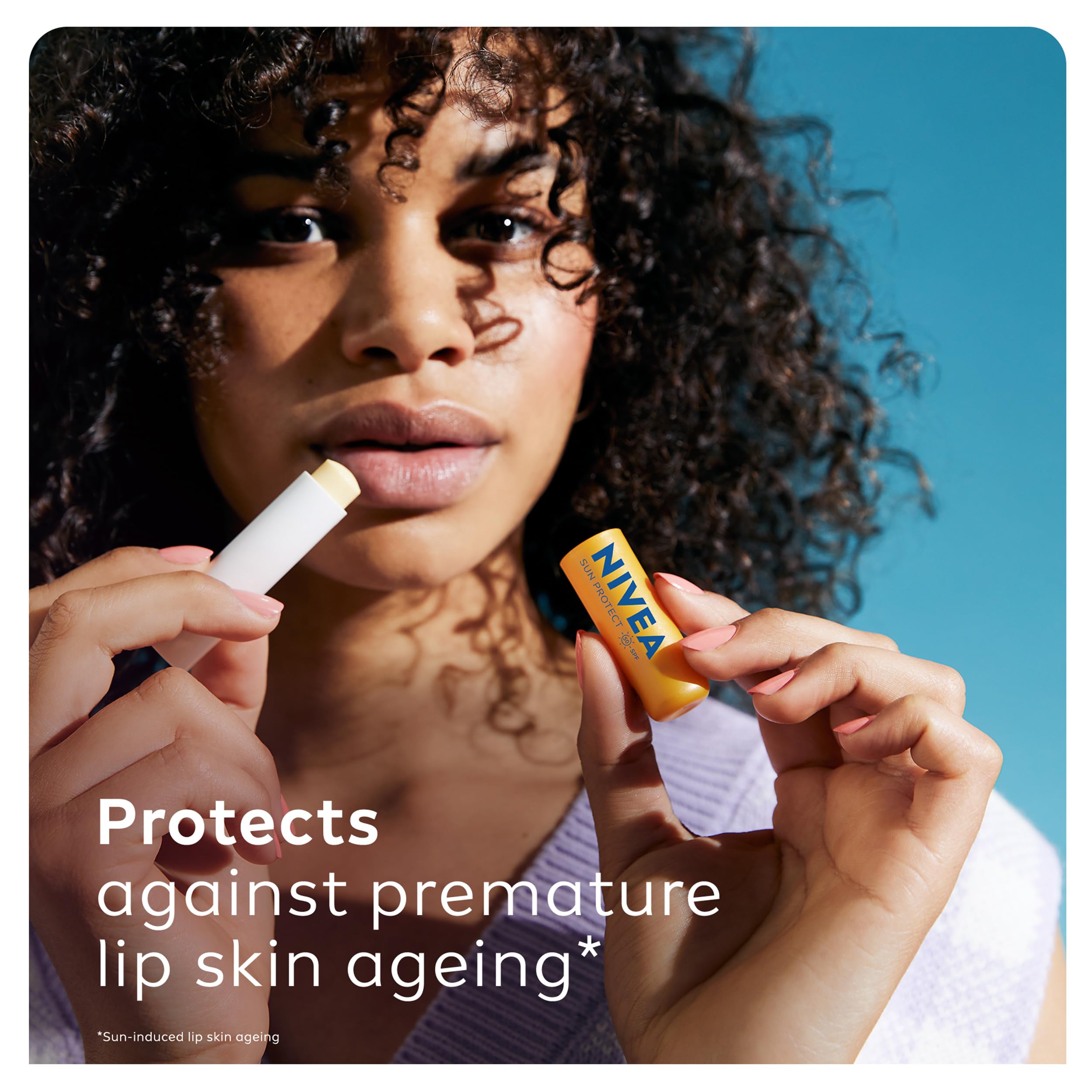 NIVEA SUN Protect Caring Lip Balm SPF50 (4.8g), Factor 50 Balm with Shea Butter, Protection Against UVA/UVB Rays with 24H Moisture, Lip Care, No White Cast