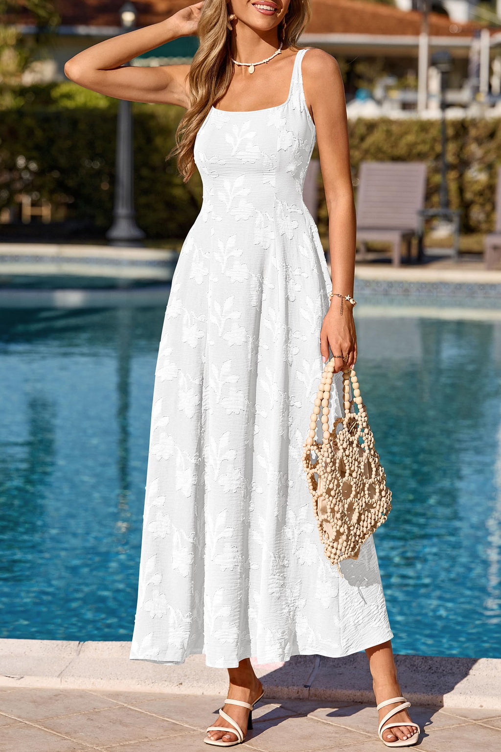 PRETTYGARDEN Womens Summer Maxi Dresses 2026 Casual Sleeveless Square Neck Formal Wedding Guest Beach Vacation Boho Dress (White,L)