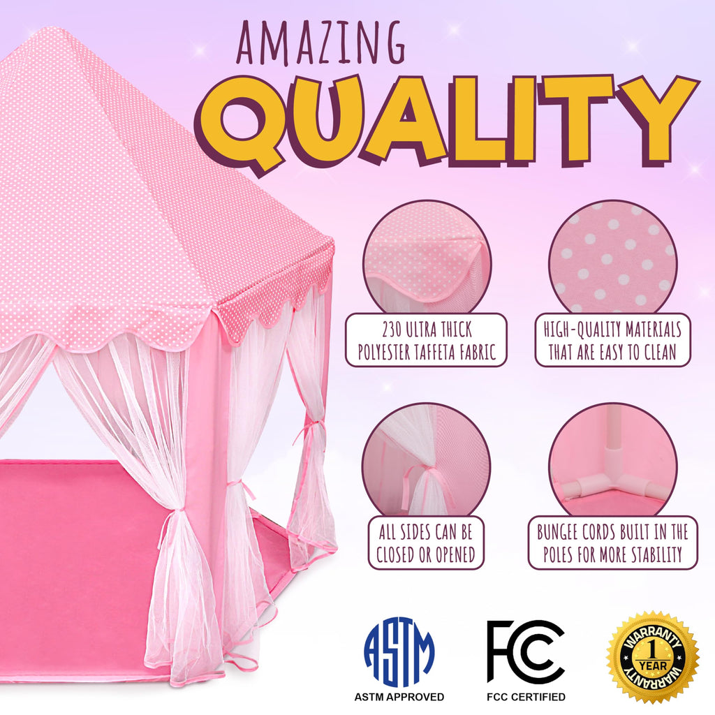 ORIAN Princess Castle Play Tent for Girls, LED Star Lights, Indoor & Outdoor Playhouse, Polyester, Pink, 55" x 53", Toddler & Kids Toys Ages 2–7