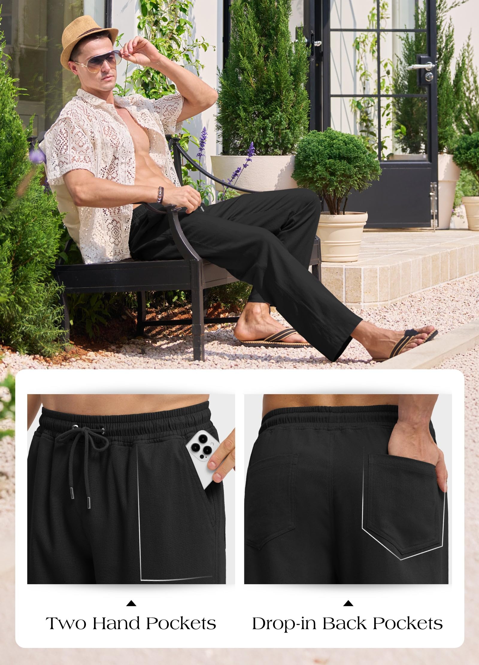 Willit Men's Linen Pants Casual Beach Summer Pants Drawstring Lightweight Yoga Linen Trousers 30" Black L