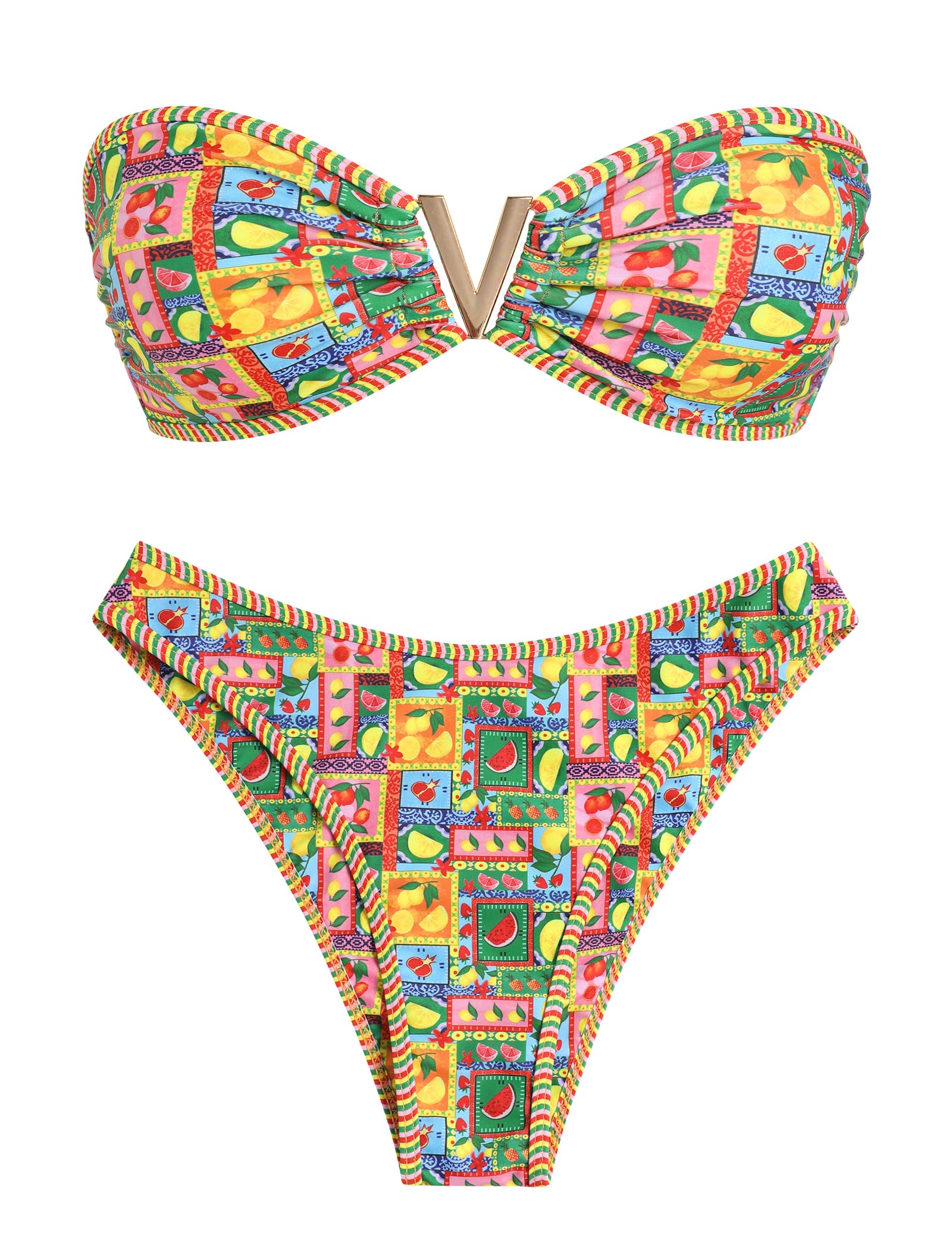 ZAFUL Women's Bandeau Bikini V Strapless Confetti Colorblock Tie Back High Cut Two Piece Swimsuit Bathing Suits (1-Fruit Pattern, M)