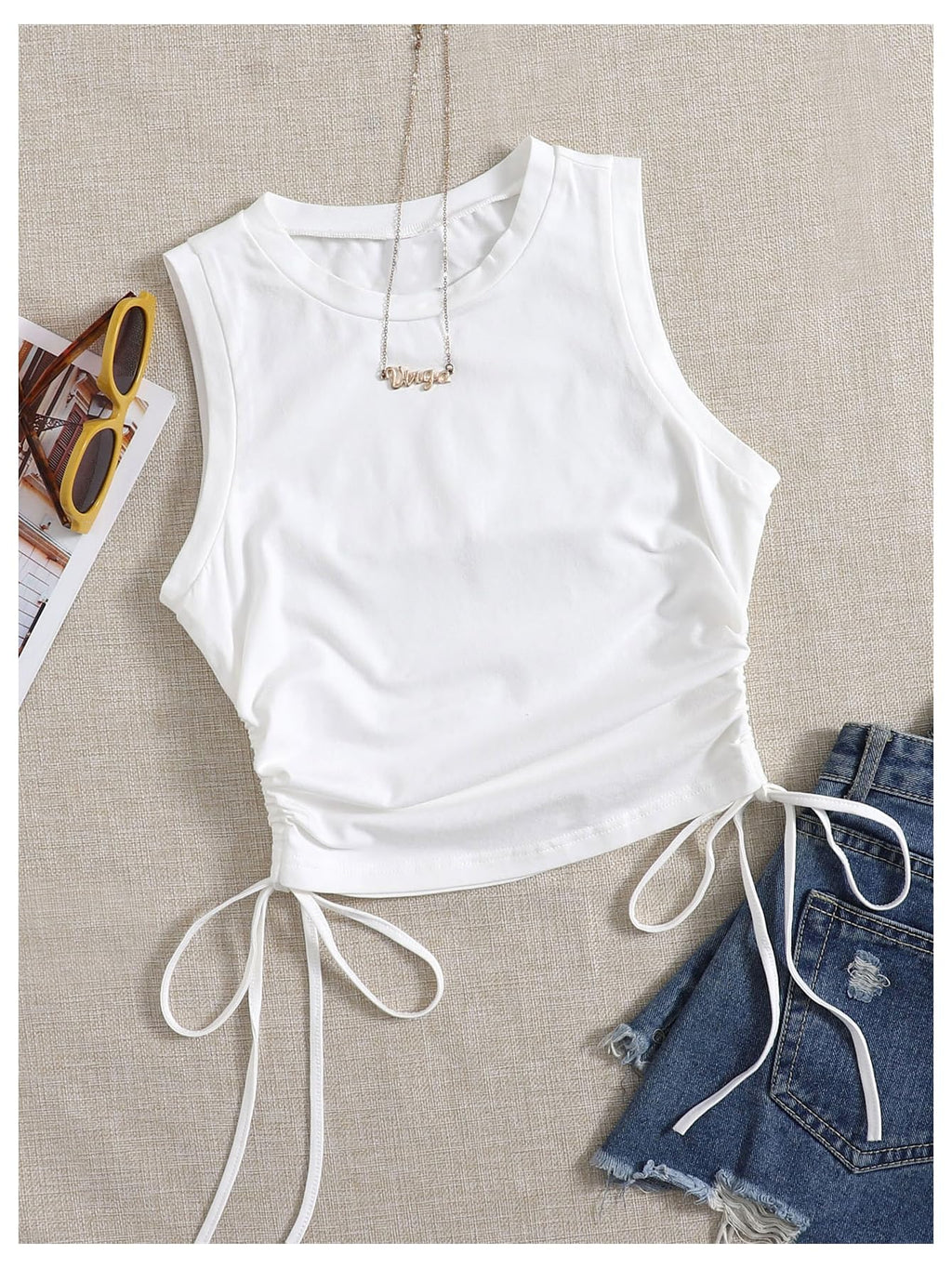 WDIRARA Women's Ruched Drawstring Side Tank Top Crew Neck Sleeveless Fitted Crop Tops White Large