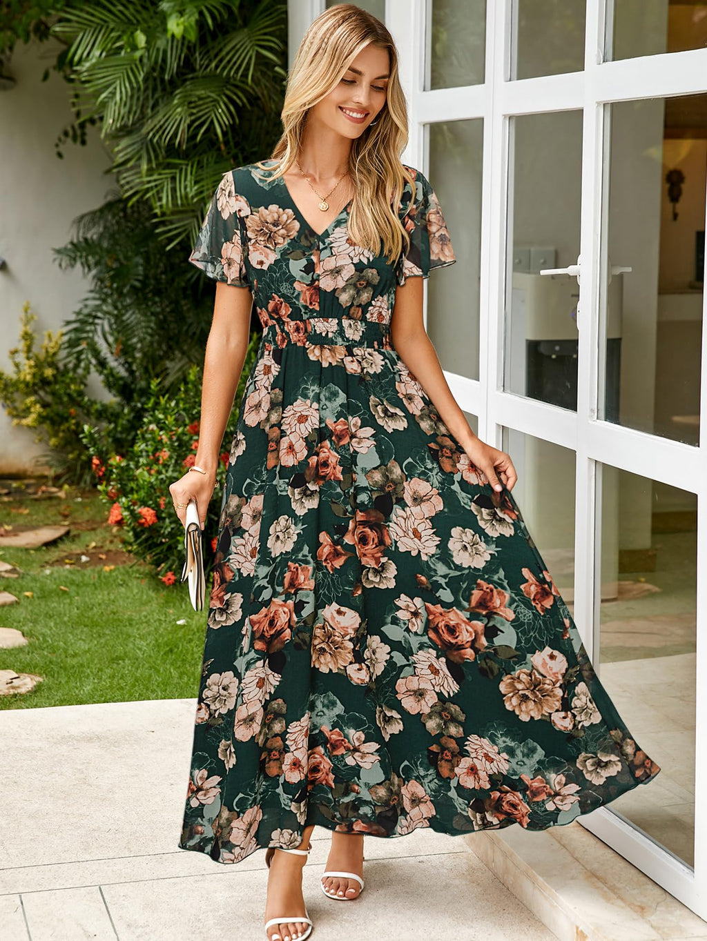 Simplee Womens Floral Maxi Dress - Short Sleeve Summer Boho Wedding Guest Dress Empire Waist Chiffon Modest Midi Dresses Green,L