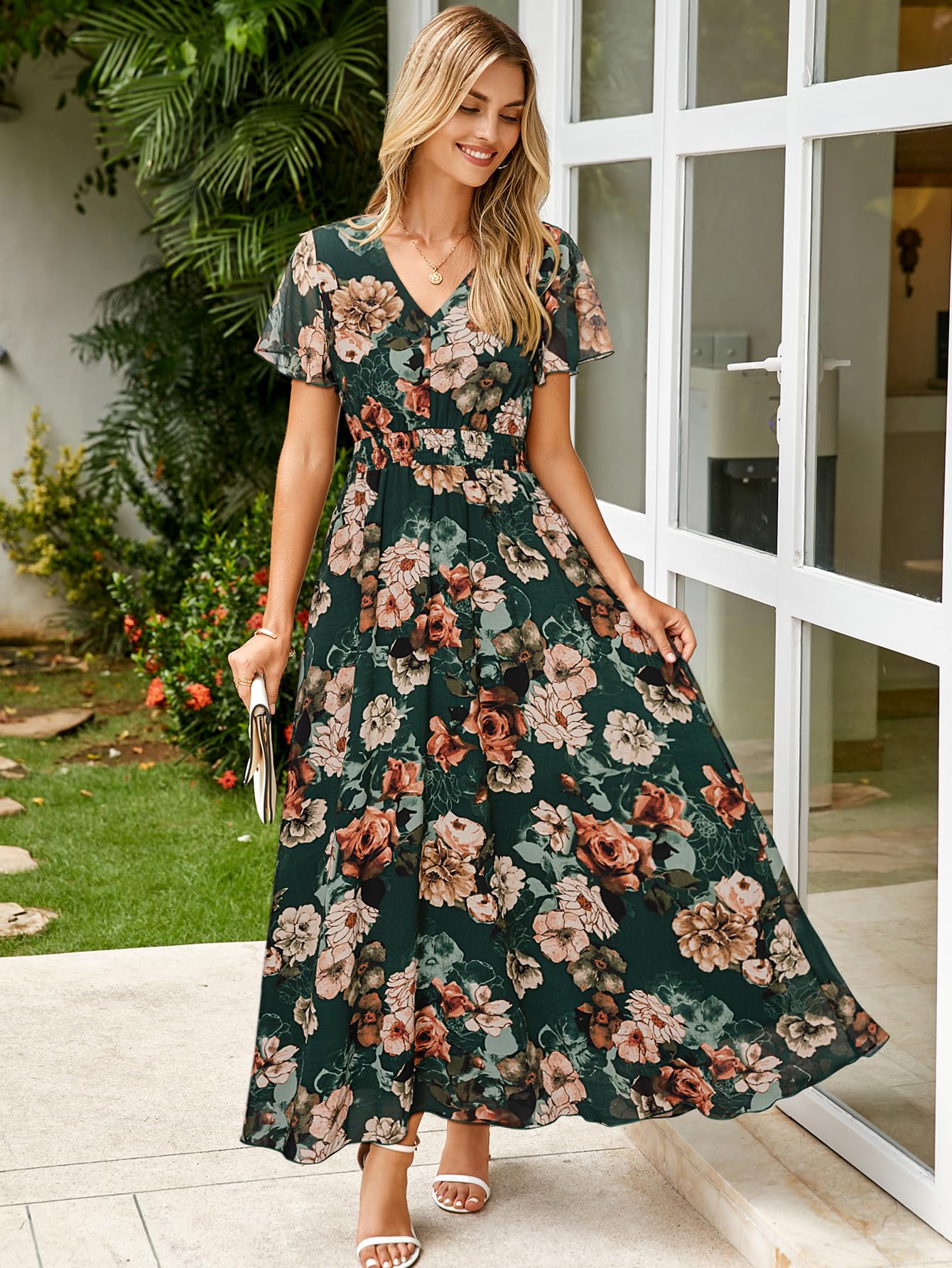 Simplee Womens Floral Maxi Dress - Short Sleeve Summer Boho Wedding Guest Dress Empire Waist Chiffon Modest Midi Dresses Green,L