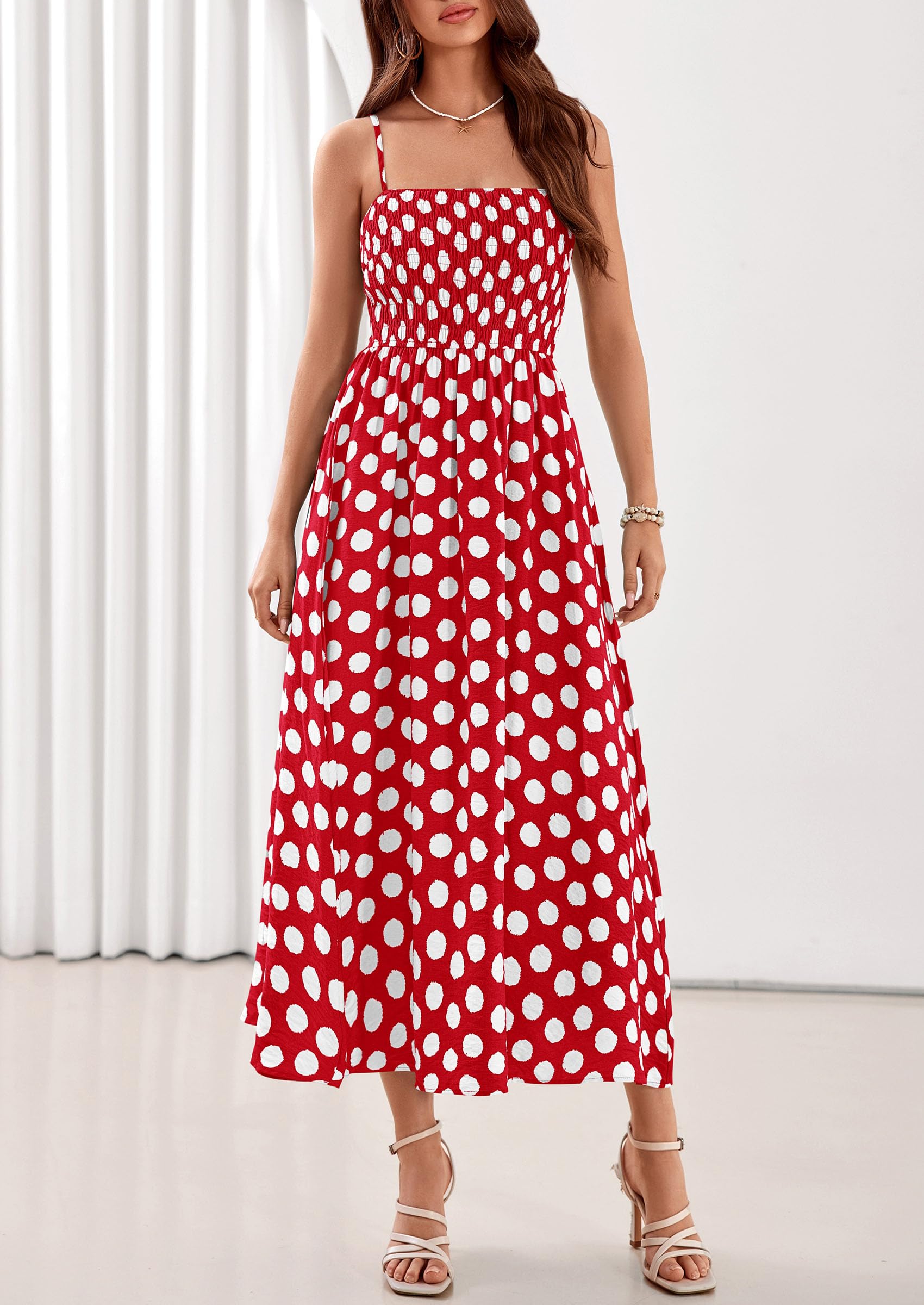 PRETTYGARDEN Womens Polka Dot Dress 2026 Summer Spaghetti Strap Smocked Sundress Beach Vacation Wedding Guest Midi Dresses(Red,X-Small)