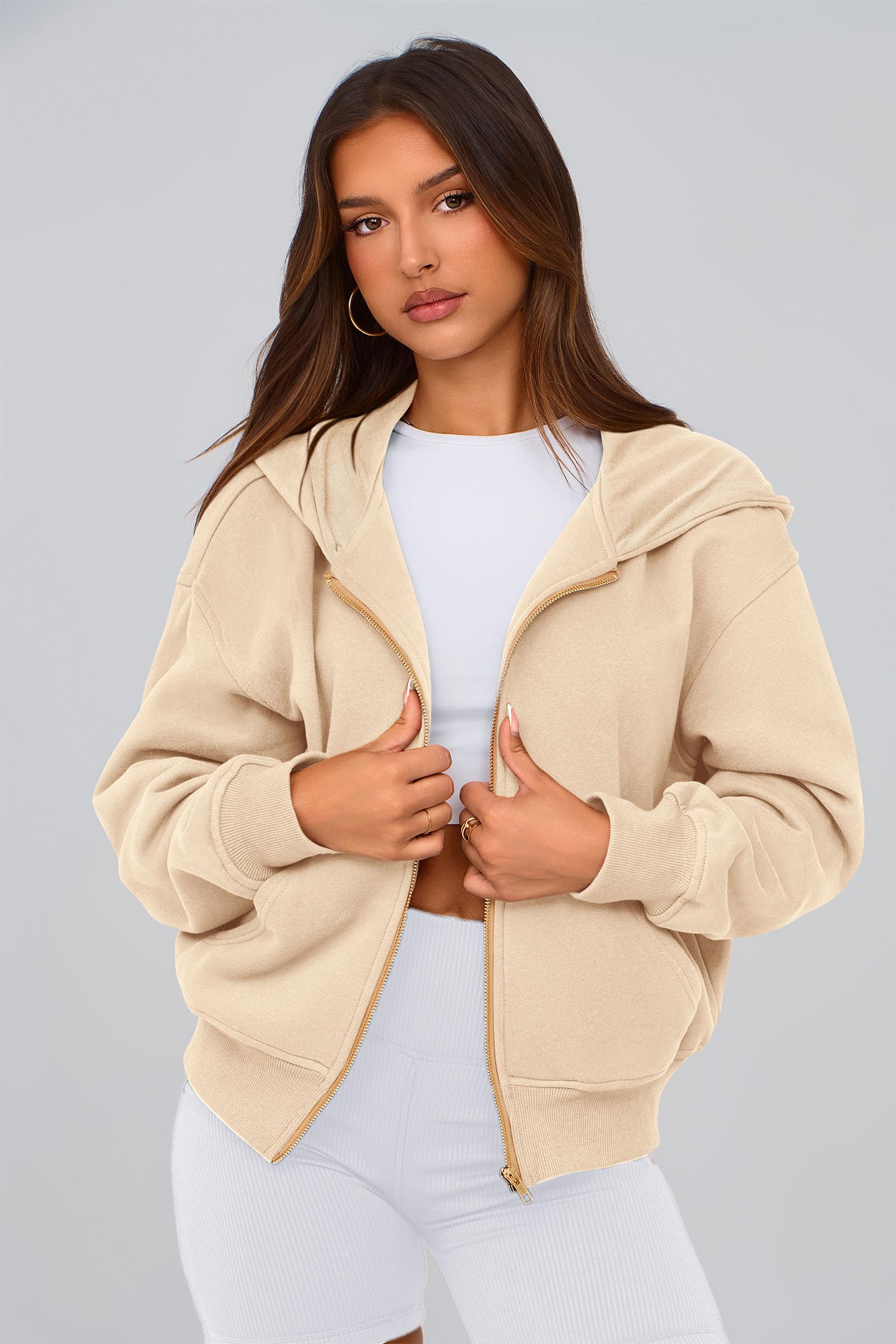 PRETTYGARDEN Hoodies for Women Sweatshirt Zip Up Hoodie Fall Fashion 2026 Trendy Long Sleeve Jackets Winter Clothing Outfits (Apricot,Medium)