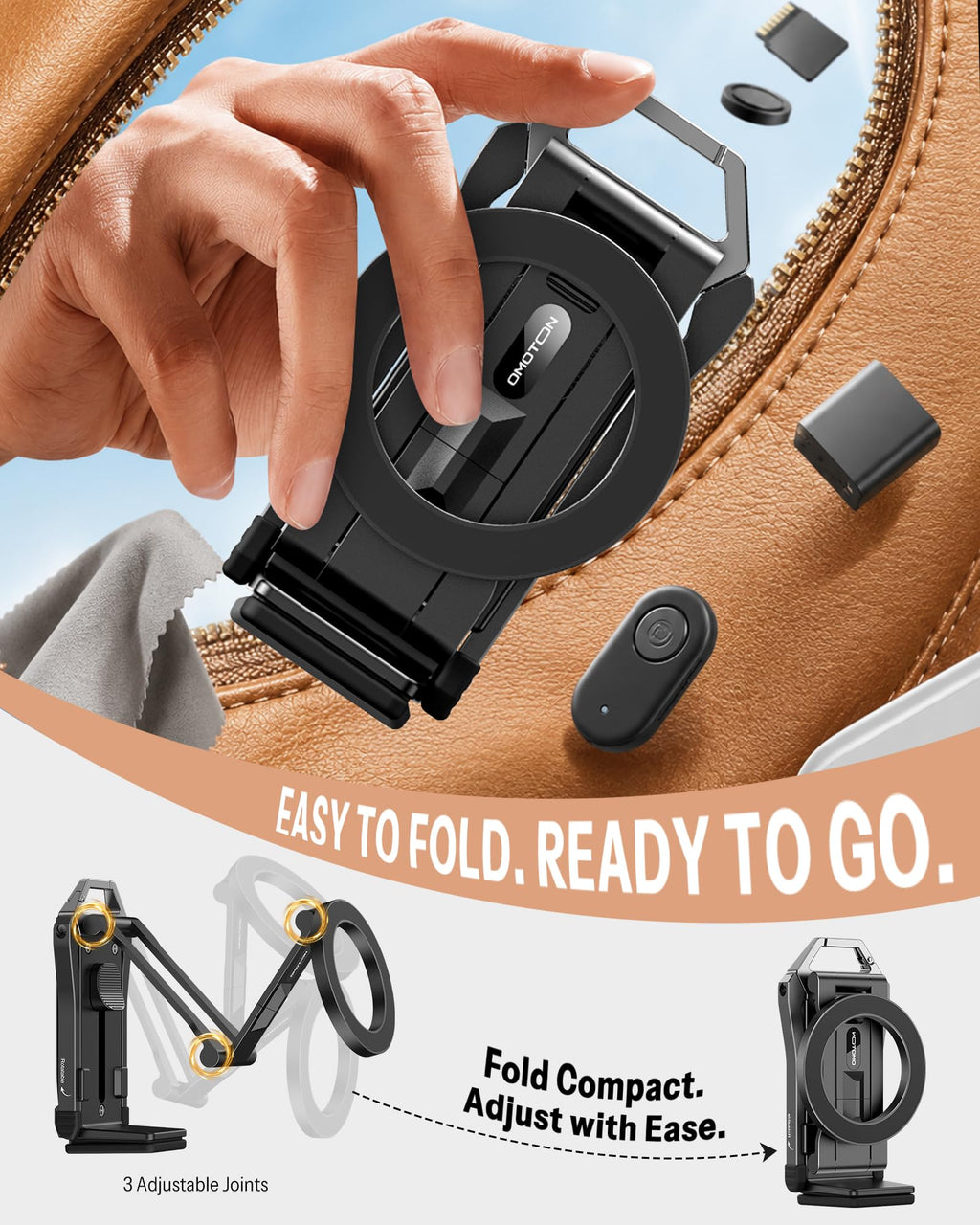 OMOTON TP02 Magnetic Phone Tripod for MagSafe, 360° Pivot, Clamp & Stand
