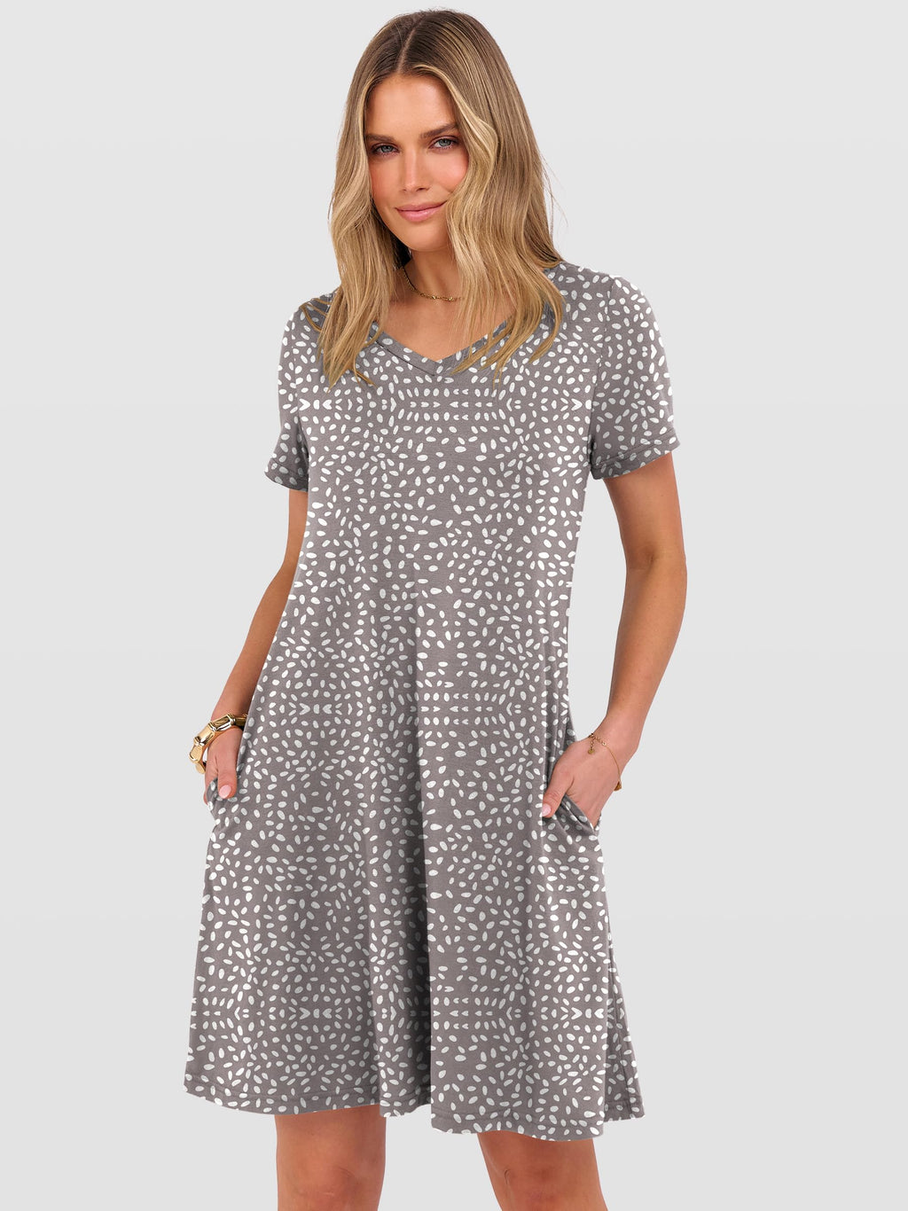 ANRABESS Women's Summer T Shirt Dress Casual V Neck Short Sleeve Floral Boho Flowy Mini Dresses 2026 Beach Vacation Clothes Light Brown White Spots Large