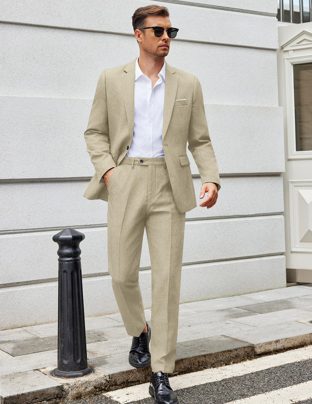 COOFANDY Mens Casual Suits 2 Piece Set One Button Dress Suits for Graduation Wedding Business, Light Khaki, Large