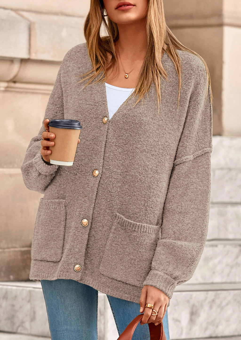 PRETTYGARDEN Fall Chunky Cardigan Sweaters for Women 2026 Button Long Lantern Sleeve Knit Oversized Coats with Pockets(Light Khaki,Medium)